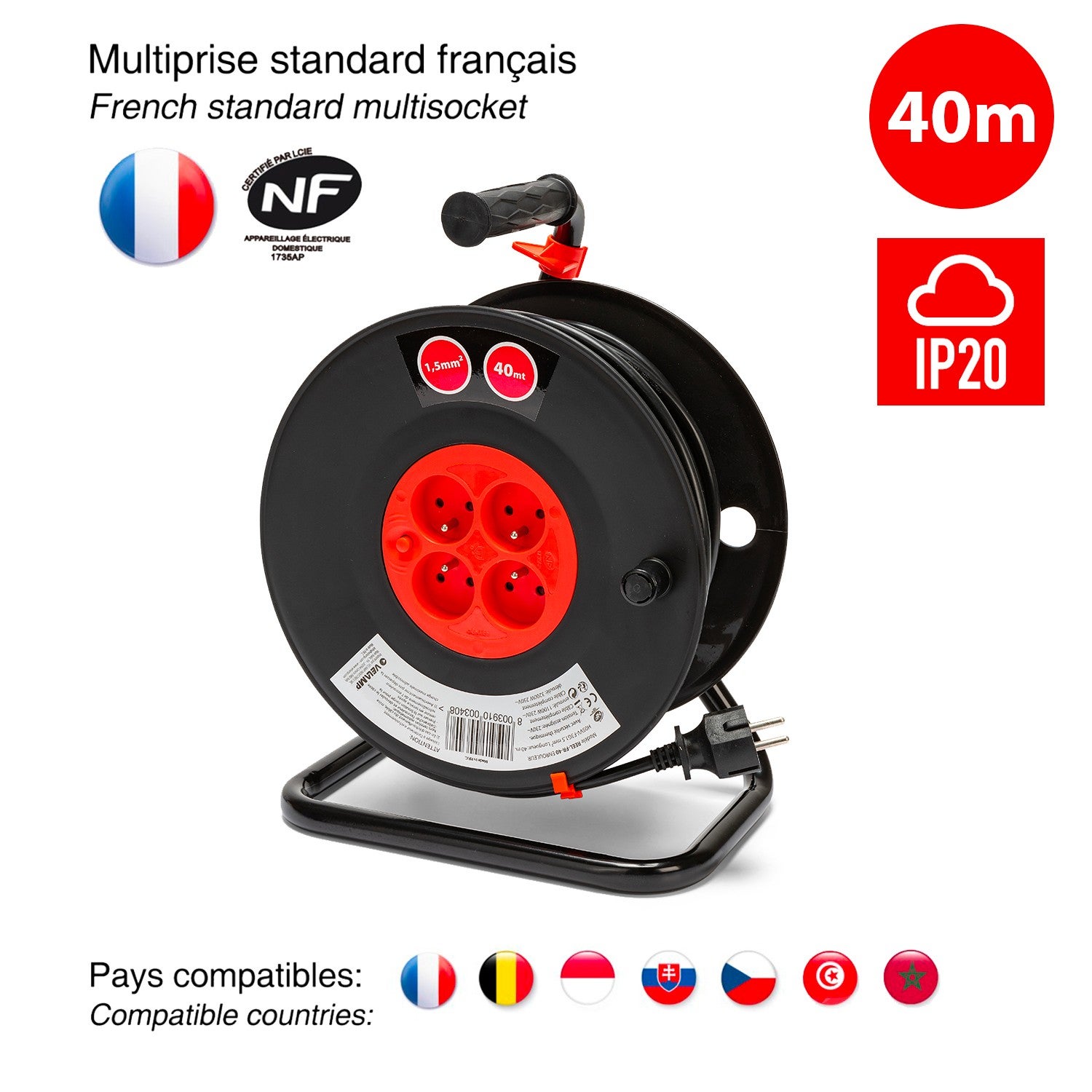 Enrouleur bricolage, 4 prises, 40 mètres, 3G1.5mm2, NF - 6