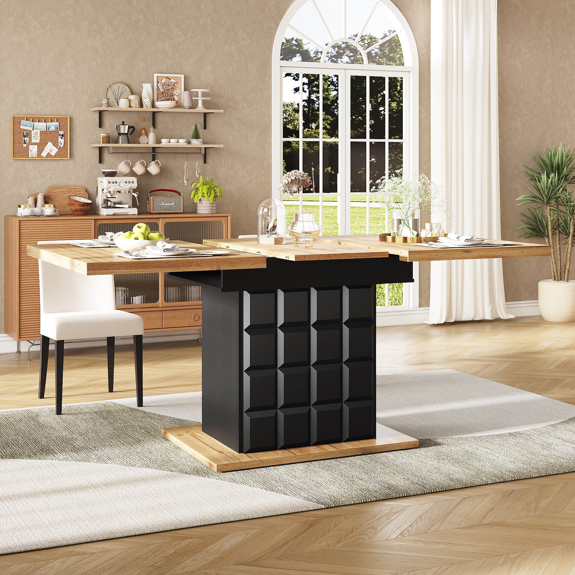 Table à manger extensible 4 à 6 couverts avec 2 portes - 110/140 x 80 x 75 cm - MDF - Noir + naturel - 3