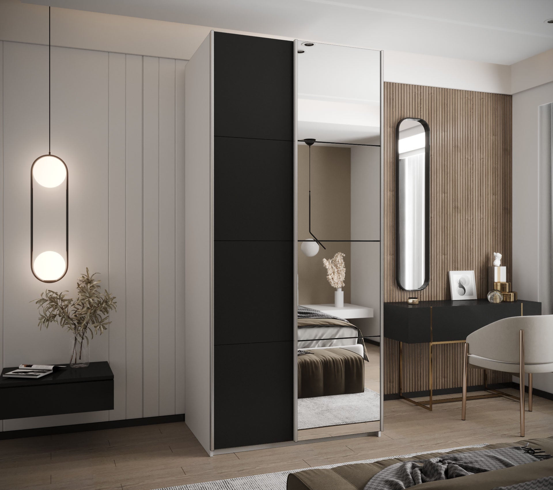 Szafa przesuwna wysoka Lux 3 110 x 64 x 245,5 cm biały + czarny + u. srebrny - Abiks Meble - 2