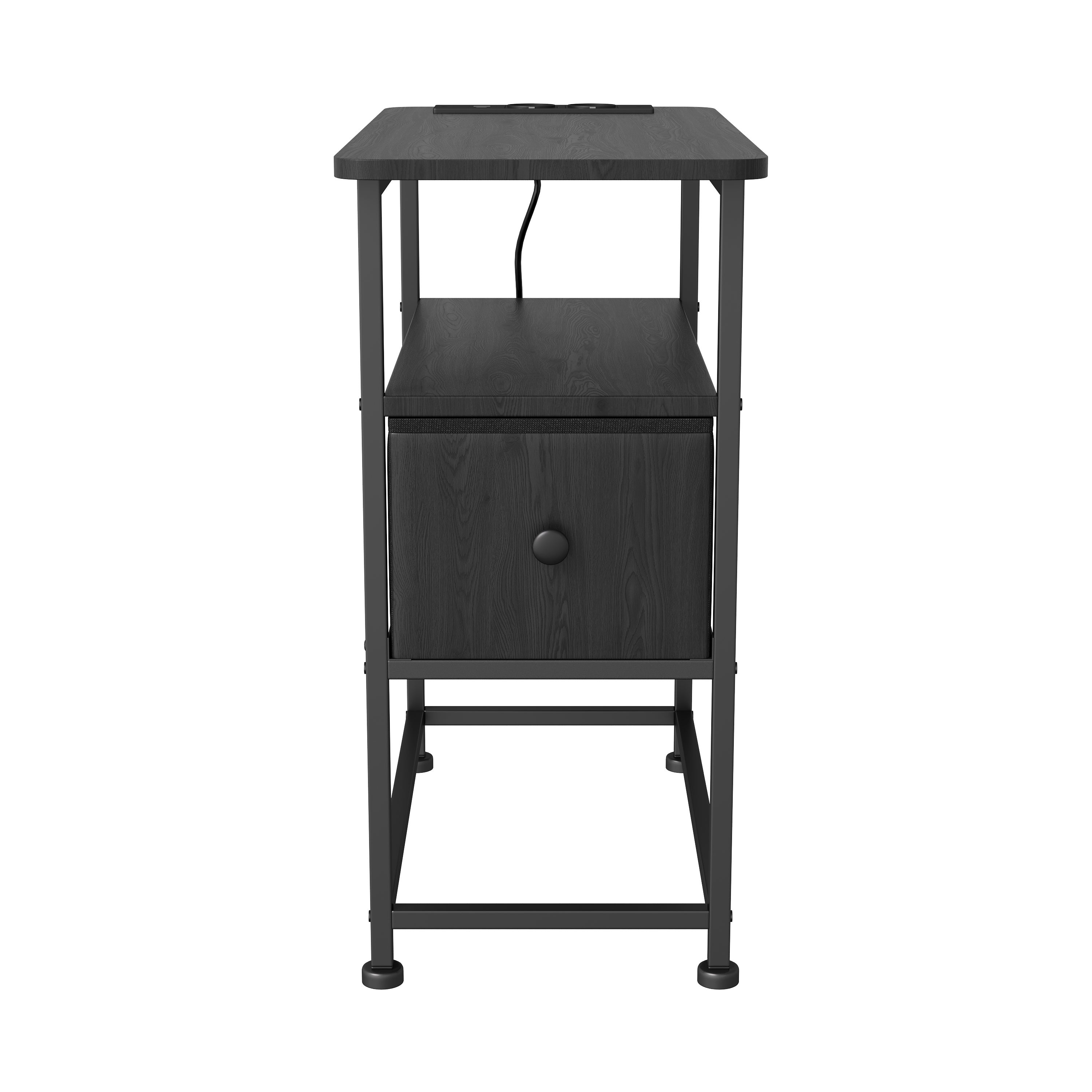 Table d'Appoint avec tiroirs - prise électrique incluse, structure en métal, pieds antidérapants, espace de rangement ouvert - 60x30x62 cm - noir - 7
