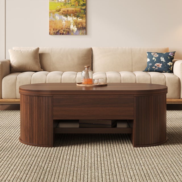 Table Basse Relevable avec Côtés en Bois Courbés, Étagère Extensible, Plateau Relevable, Meuble de Salon Multifonctionnel