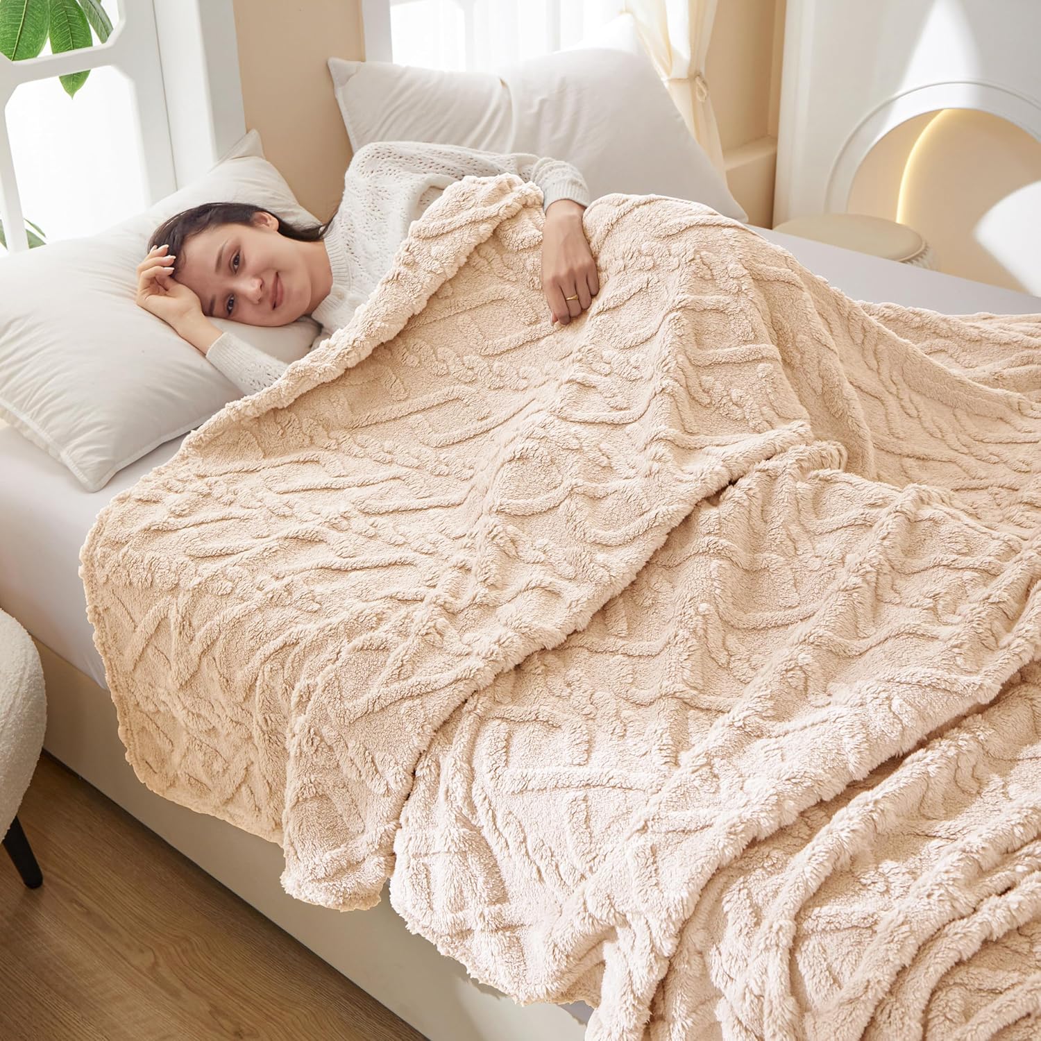 Couverture de canapé chaude en flanelle, couverture en tricot torsadé 3D, couverture de lit en polaire microfibre moelleuse, 150*200CM,beige - 8