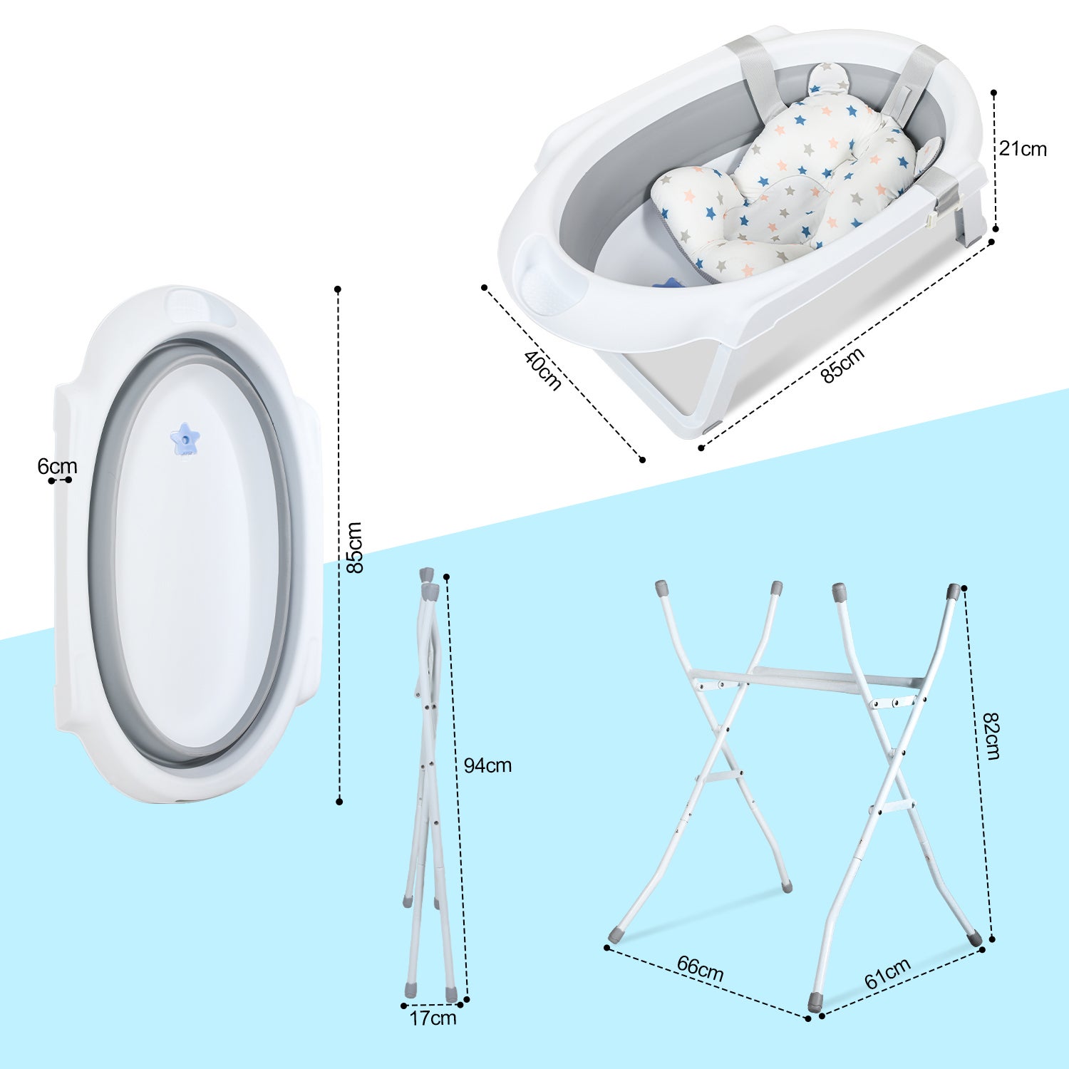 Baignoire Pliable Pour Bébé + Coussin De Bain Avec Support + Pour Bébés De 0 à 24 Mois + Gris