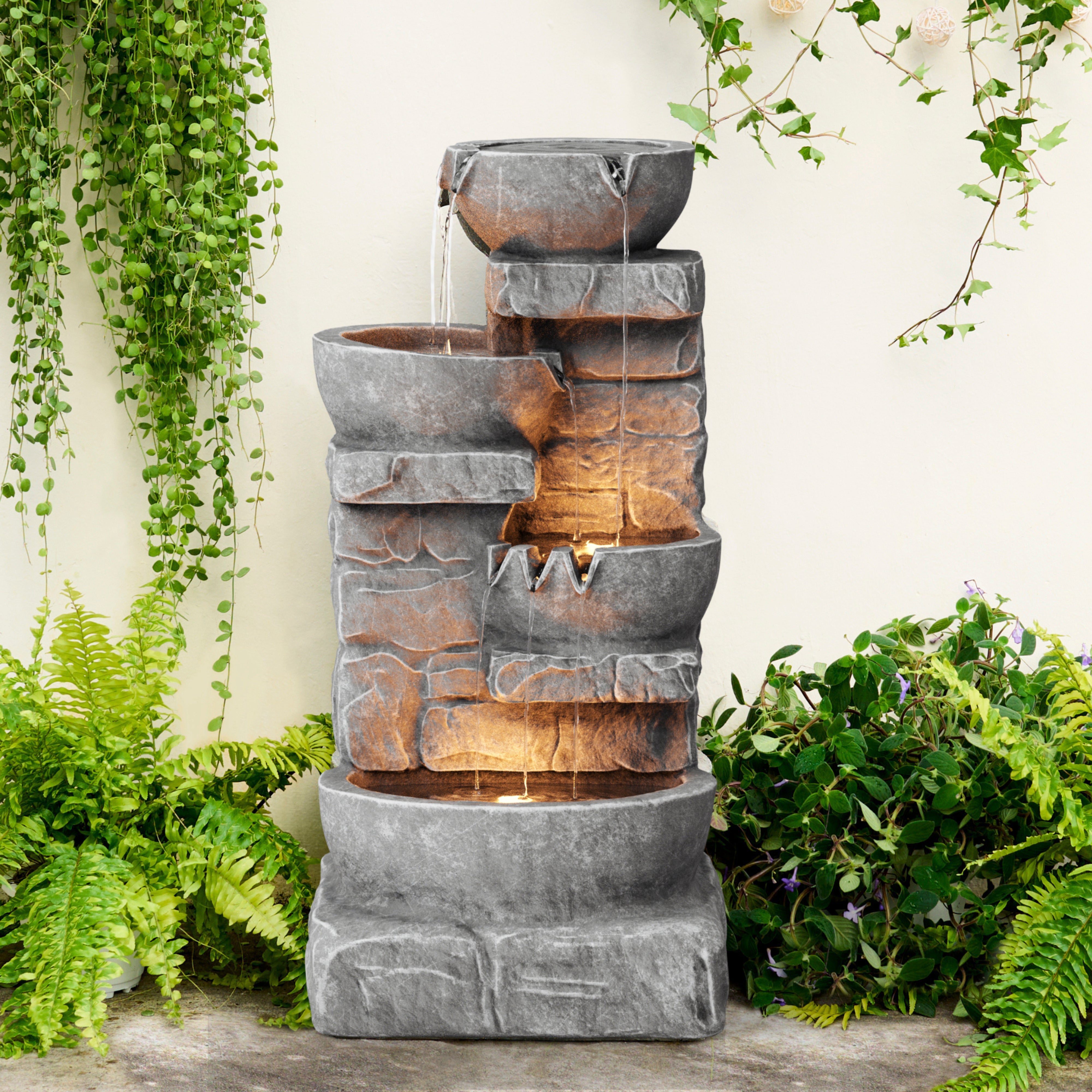 Fontaine de jardin pierre 84.5cm cascade décorative, Gris TEAMSON HOME - 2