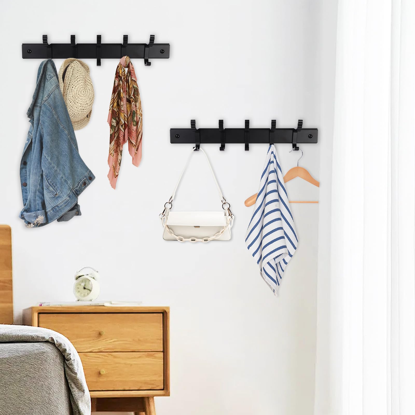 Paquet de 2 patères murales, patères pour porte murale, cintres robustes fixés au mur, porte-manteaux avec 5 crochets, noir - 3