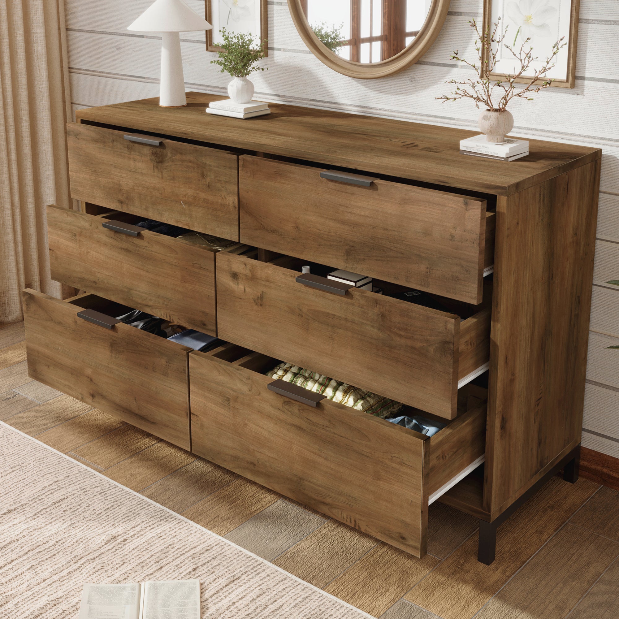 Commode avec étagères réglables- 6 tiroirs - Naturel - 2