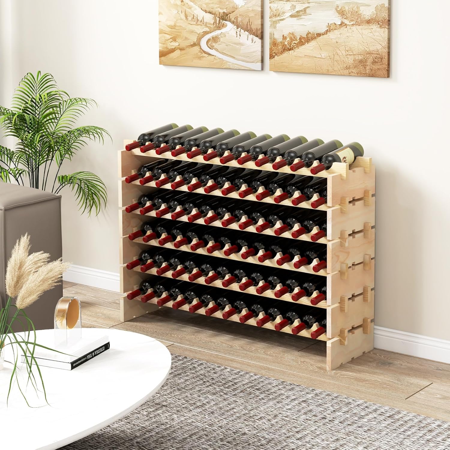 Botellero Vino 60 Botellas, Botellero Apilable de Madera, Estante de Almacenamiento de Vino de 6 Niveles para Suelo para Cocina, Bodega y Bar, - 6