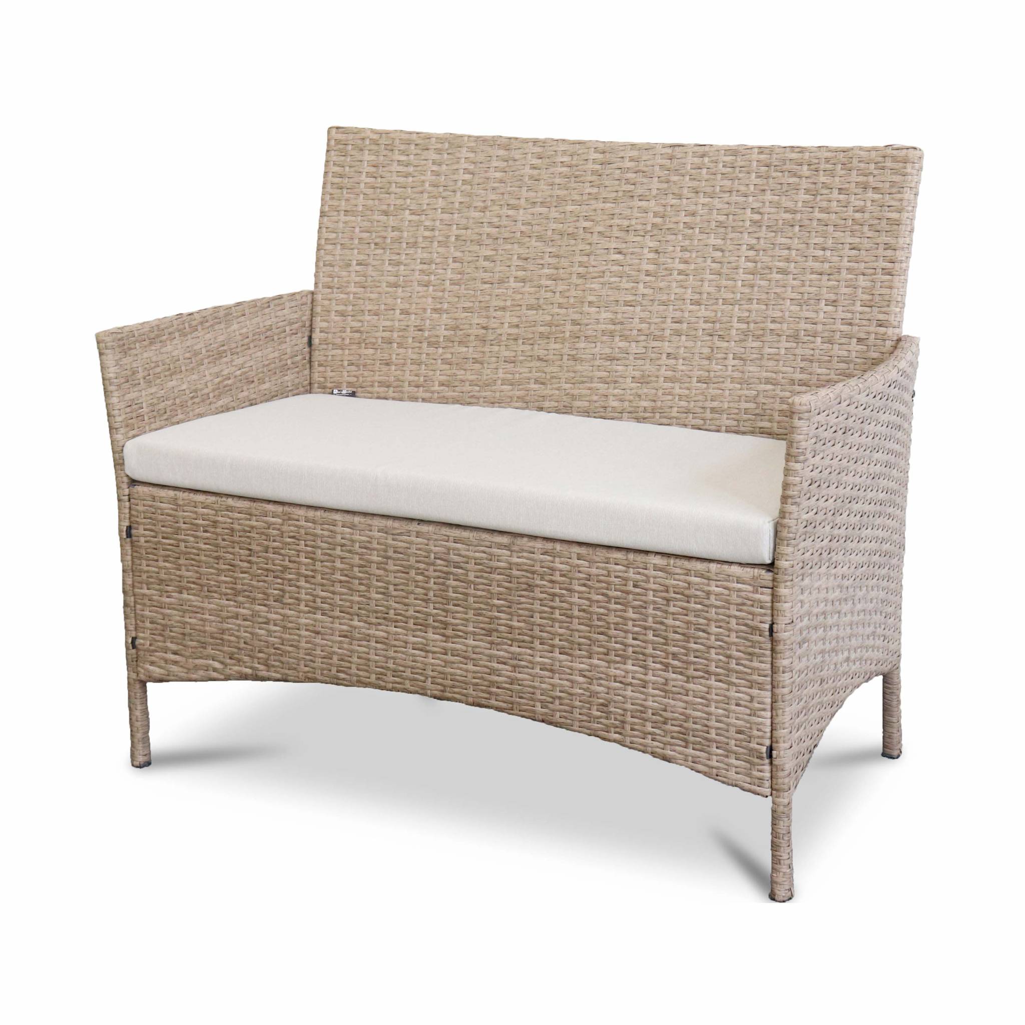 Salon de jardin en résine tressée - Moltès - Naturel. Coussins beiges - 4 places - 1 canapé. 2 fauteuils. une table - 5