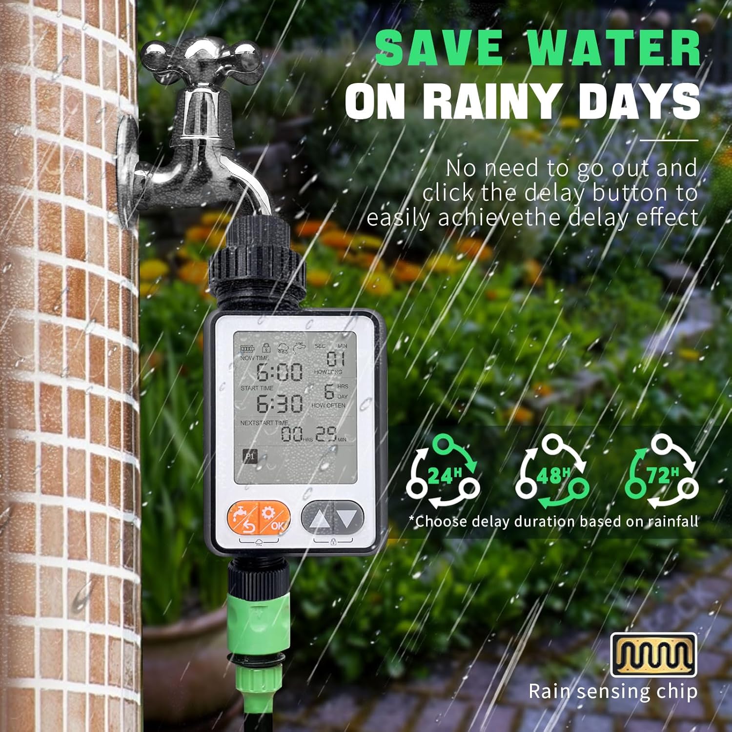Minuteur d'arrosage pour tuyau d'arrosage, avec temporisation automatique en cas de pluie, pour plansystème d'irrigation goutte plantes - 3
