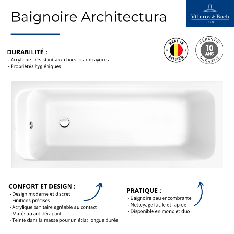 Baignoire droite 140 X 70 VILLEROY ET BOCH Architectura acrylique - 3