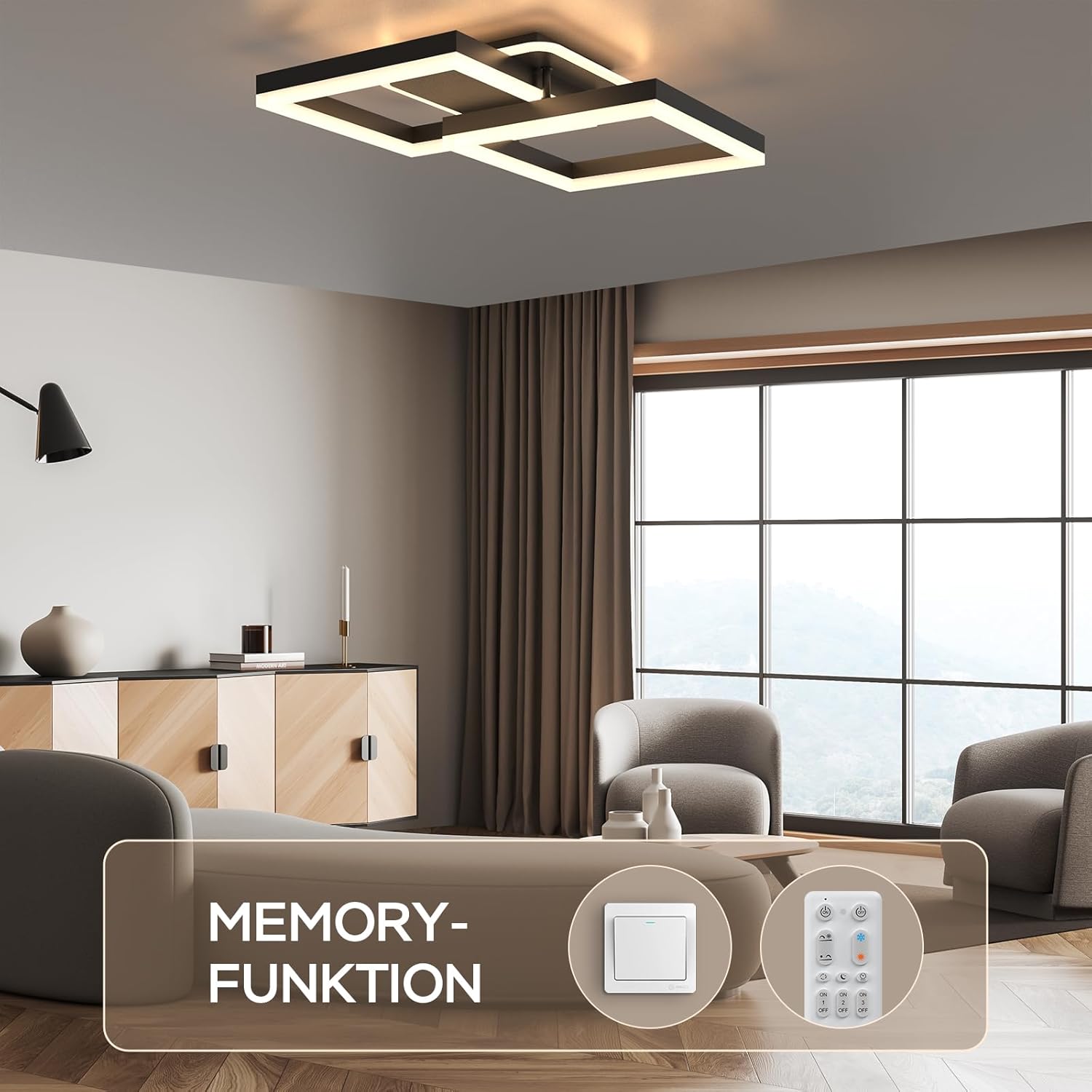 Plafonnier LED Anten, style moderne, pour salon et chambre, 40W, avec télécommande, intensité variable en continu 3000-6500K, noir - 5
