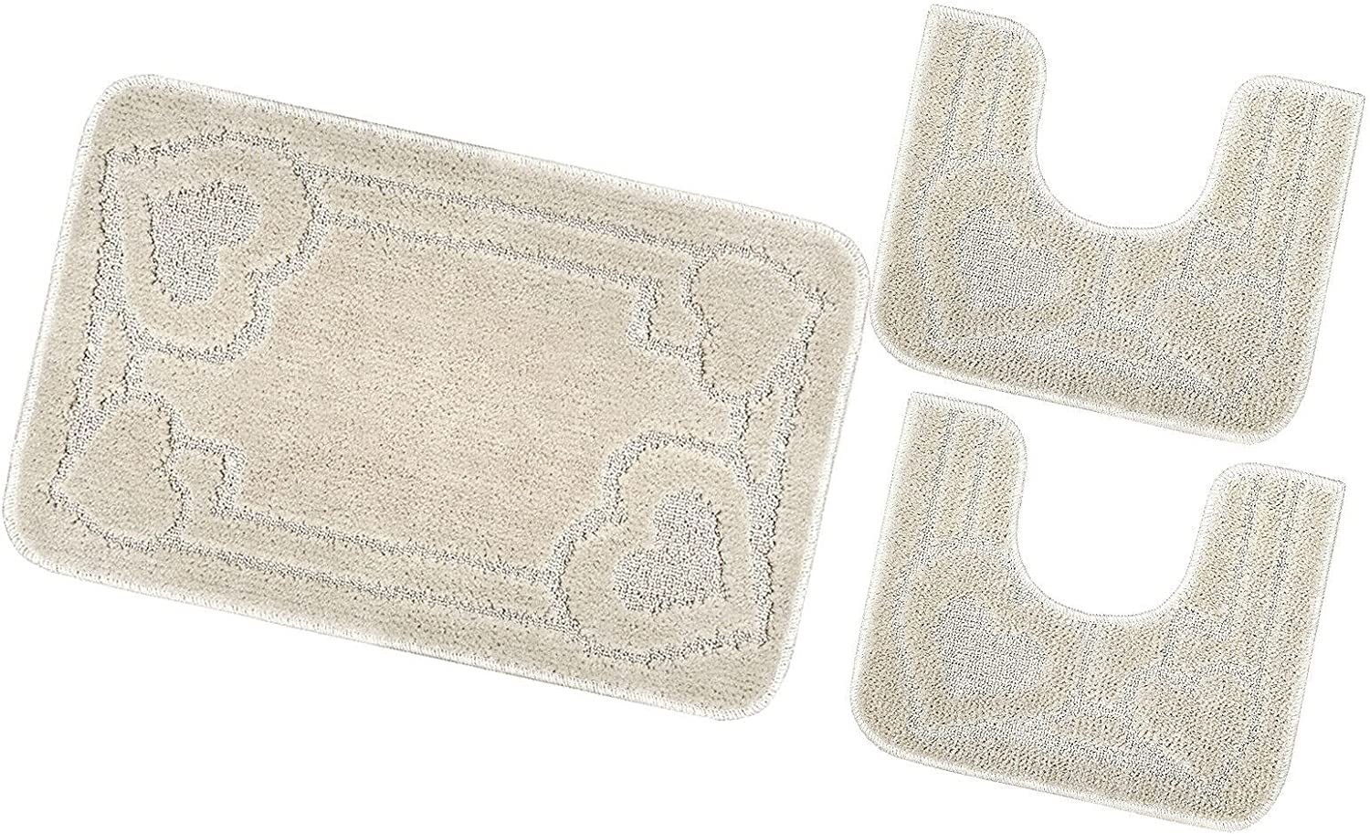 Juego de 3 alfombrillas de baño para inodoro lavabo moderna suave antideslizante absorbente color sólido corazón beige