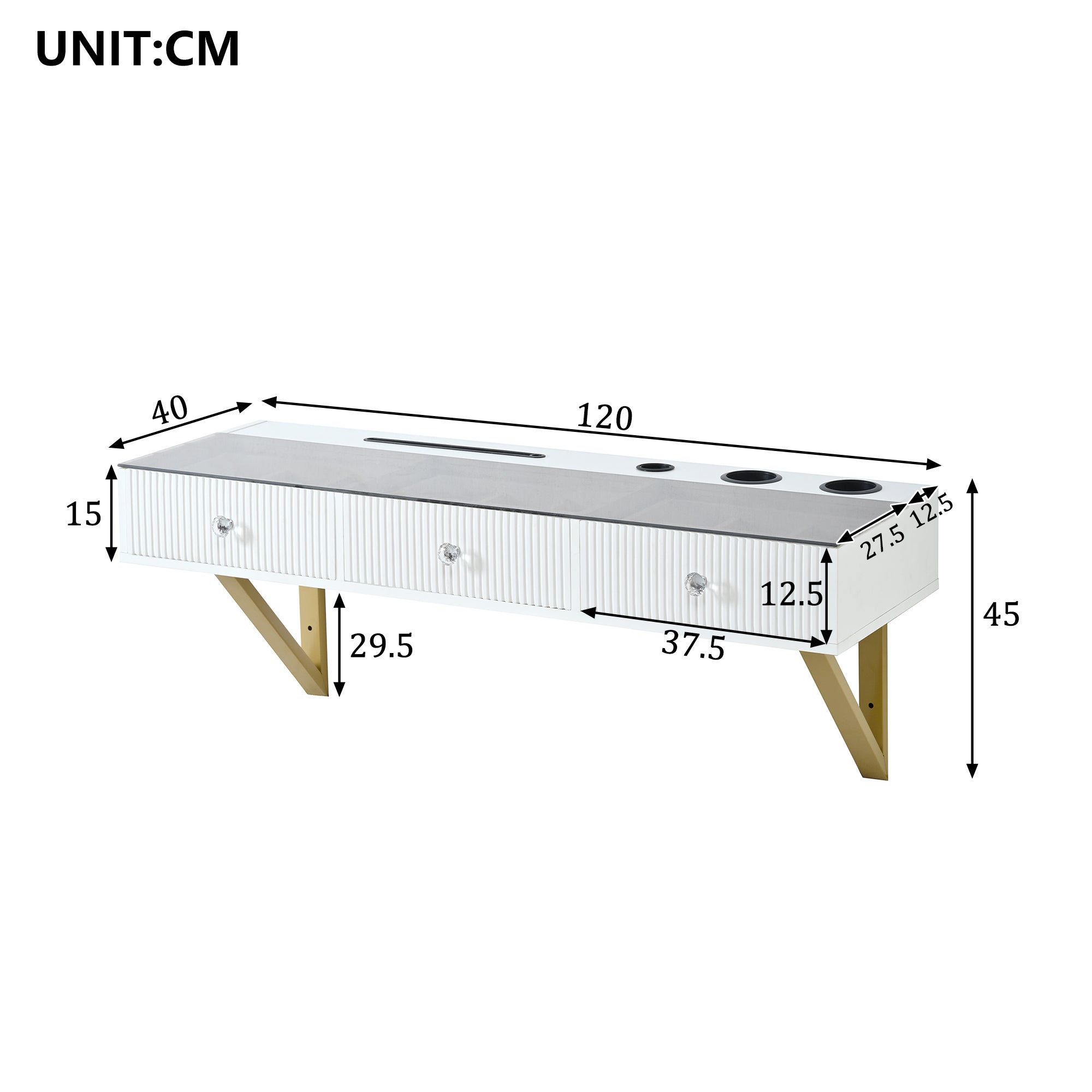 Coiffeuse murale avec 3 tiroirs - MDF + panneau de particules + plateau en verre - 120 x 40 x 45 cm - Blanc (sans tabouret et miroir) - 10