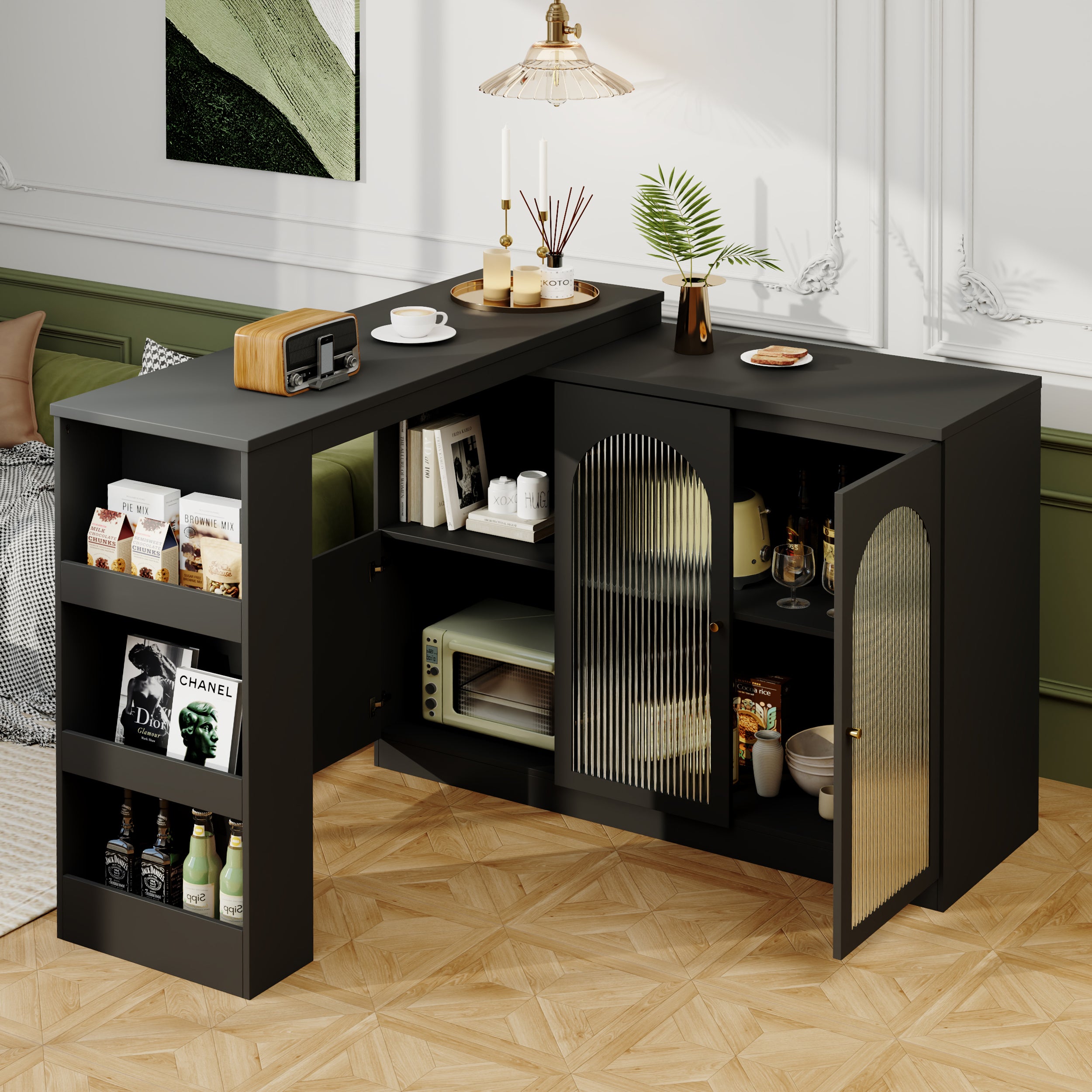 Stół barowy obrotowy i chowany z płyty MDF - 3 drzwi + półka na przyprawy + duża przestrzeń do przechowywania - styl współczesny - czarny