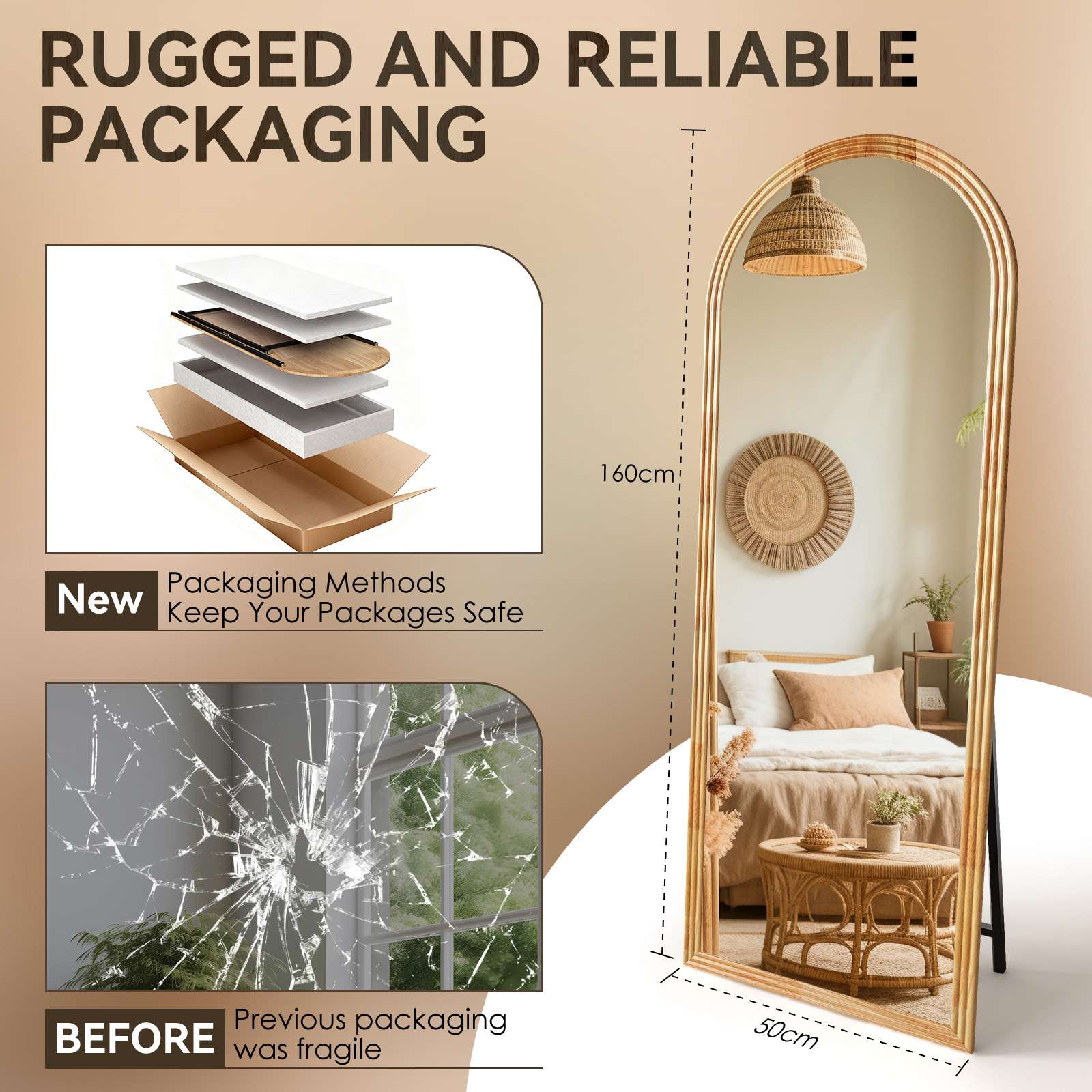 Espejo de Pie 160×50cm Arqueado en Madera Maciza, Espejo de Cuerpo Entero HD Anti-Deformación para Dormitorio y Salón - 4