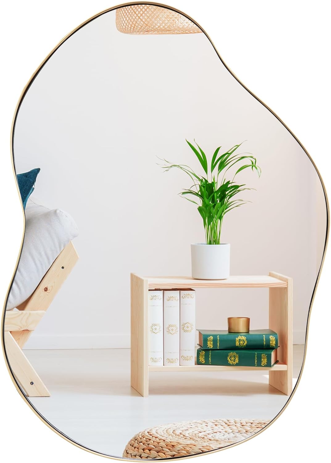 Miroir Mural Décoratif 78 x 56cm, Miroir en Forme Irrégulière avec Réflexion HD Claire, Cadre Métallique, Or - 6