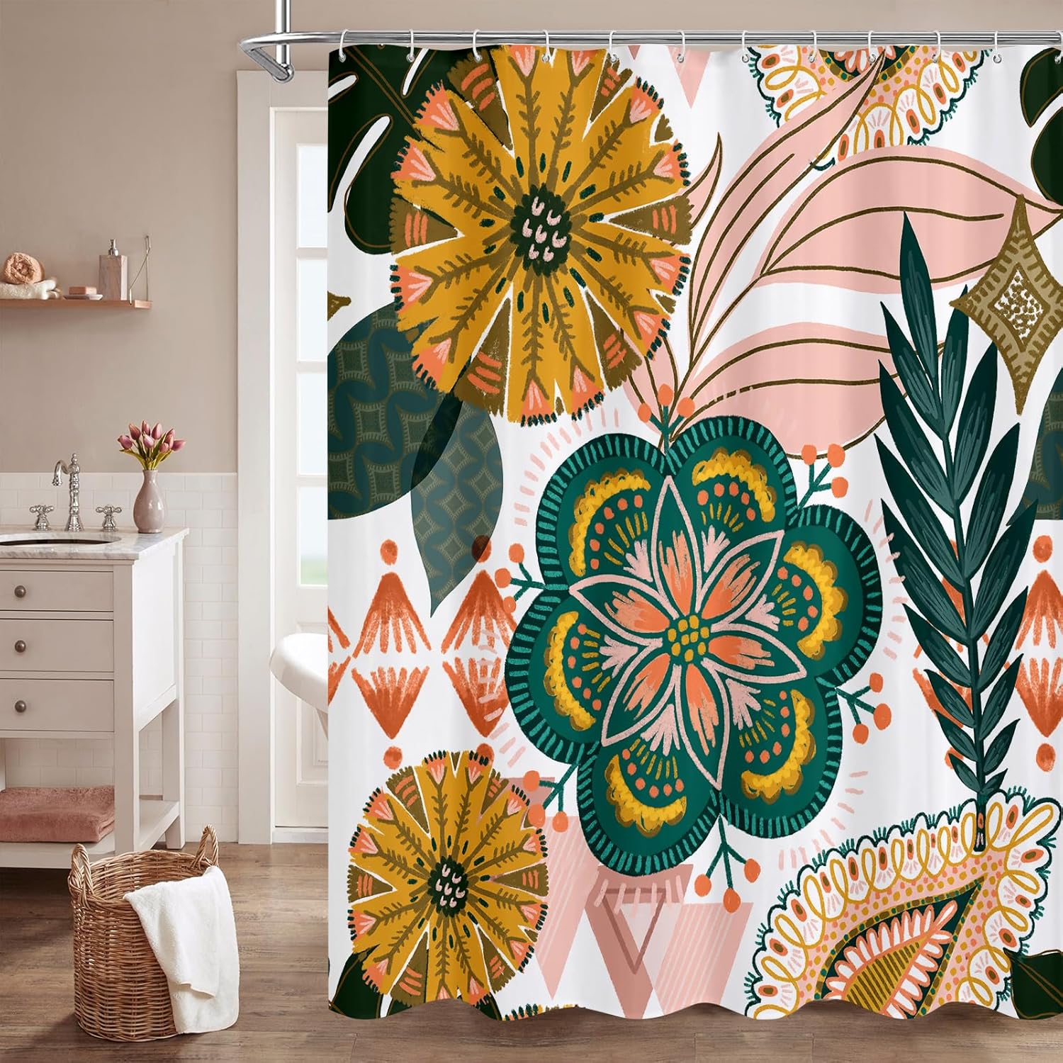 Bardzo długa, kwiatowa, boho zasłona prysznicowa, 180 x 200 cm, dekoracja i udekorowanie.