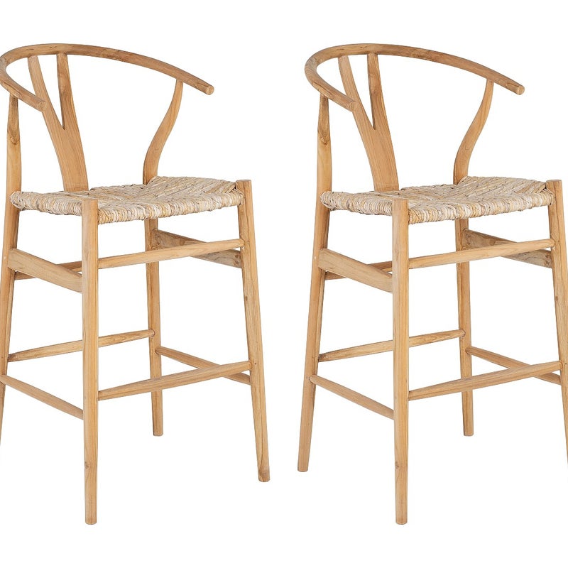 Zestaw 2 stołków barowych z drewna tekowego i słomy - Naturalny - POGIANA