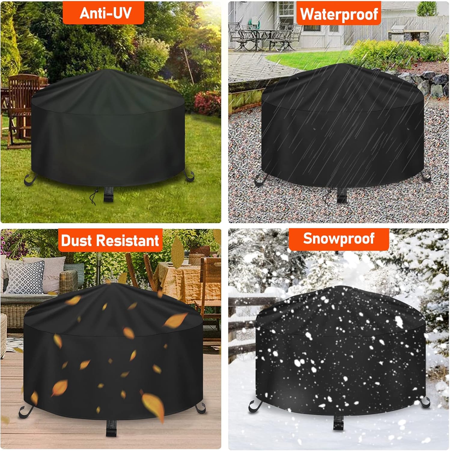 Housse De Protection Pour Foyer Rond PATIKIL - Noir, Imperméable Et Anti-UV - 3 Tailles (75x30cm, 86x36cm, 120x20cm)