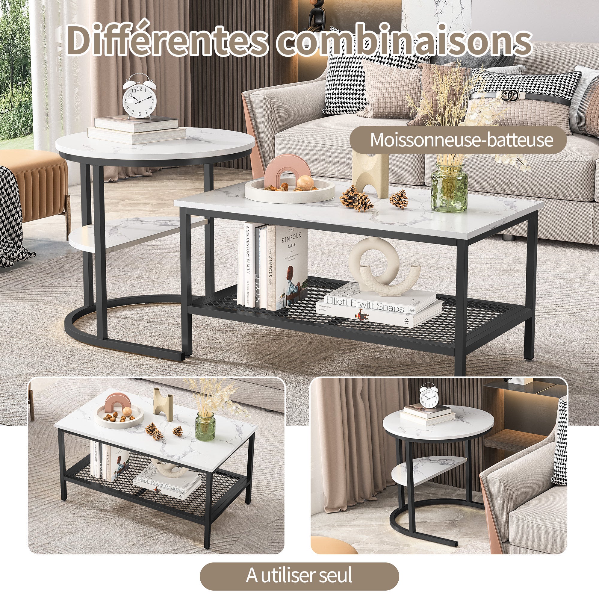 Tables Basses Gigognes Lot de 2,Table Gigogne Design Marbre, Cadre en Métal Noir, Table d'Appoint,Tables Basse Salon Rectangulaire pour Canapé,Chambre - 7