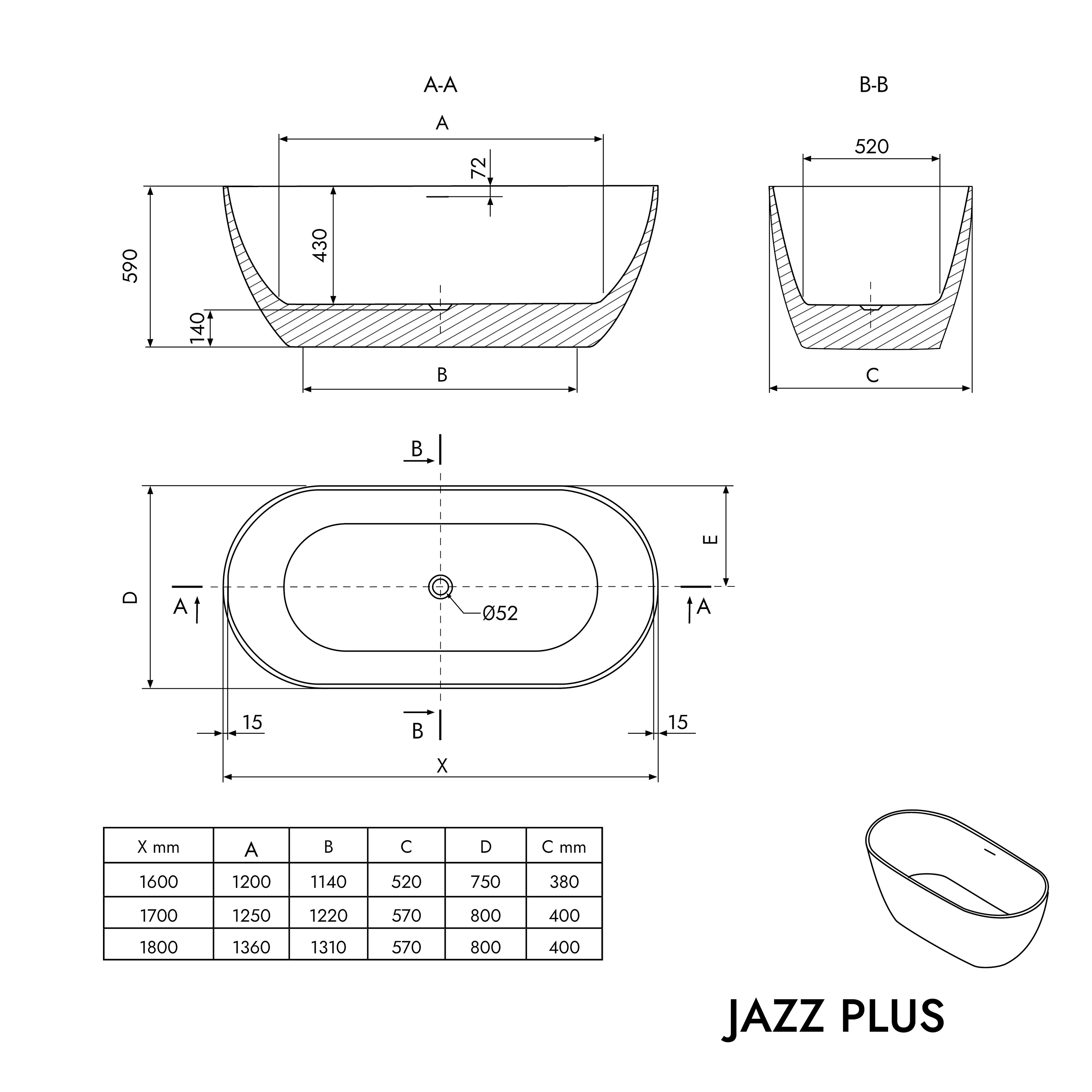BERNSTEIN - Baignoire îlot Acrylique Ovale Moderne Salle de Bain avec Bonde- Blanc - 160x75x59cm - Garantie 5 ans - Bords épais - JAZZ PLUS 2.0 - 6