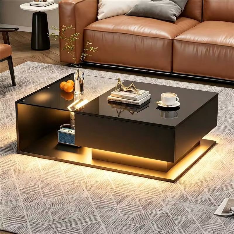 Stolik kawowy z dużą szufladą - 100x50x32 cm - diody LED - szklany blat - płyta wiórowa - połysk czarny