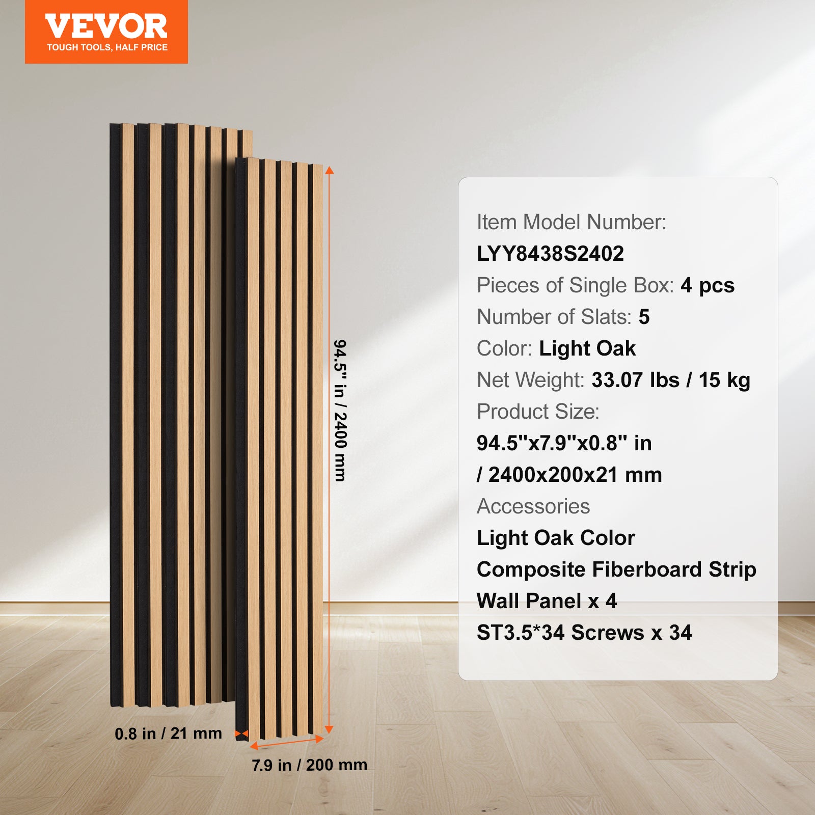Panneaux Acoustiques VEVOR en Bois 2400 x 200 mm, Lamelles MDF, Imitation Chêne Clair pour Mur Moderne, Décoration & Réduction du Bruit - 7