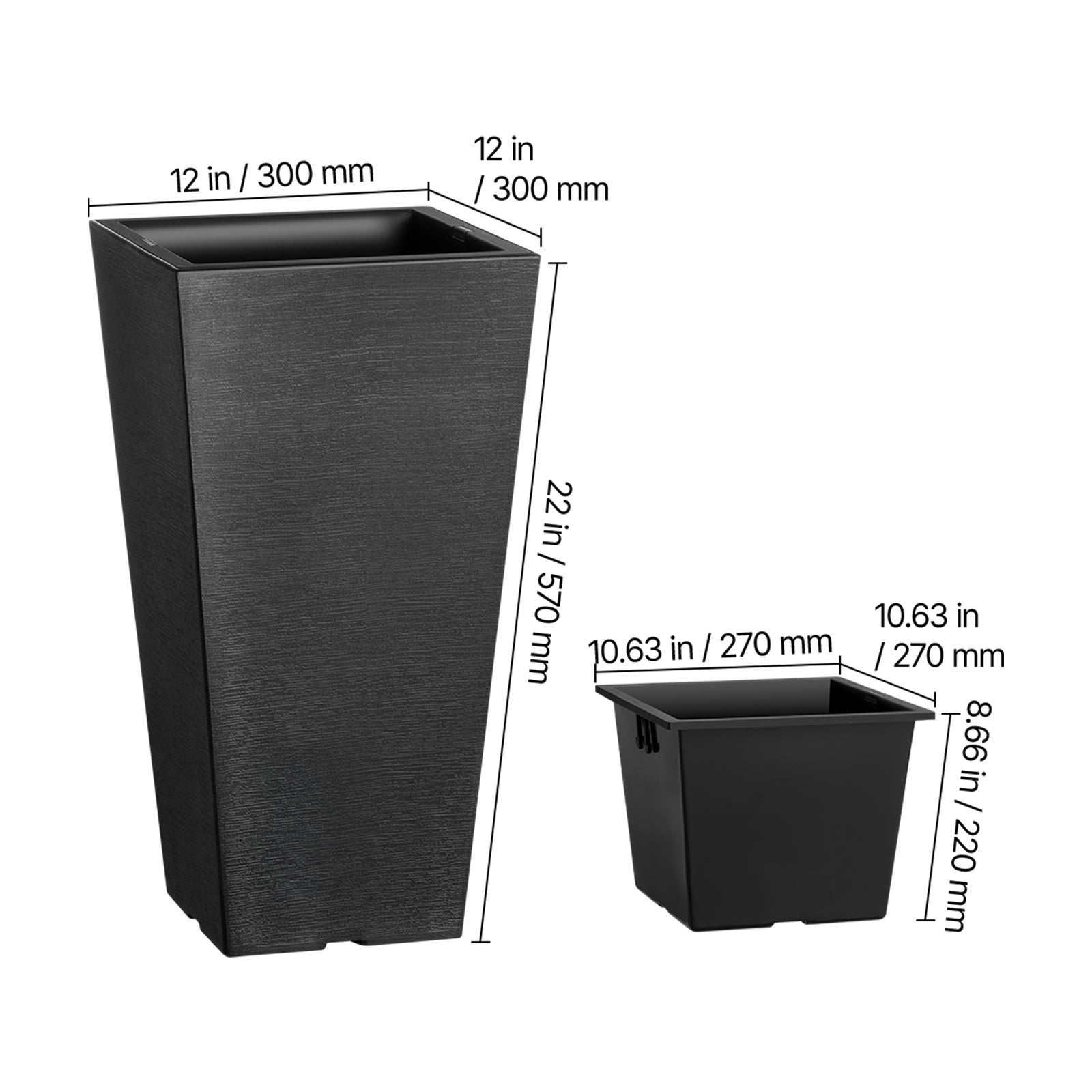 Ensemble de 2 jardinières SucceBuy d’extérieur 55 cm, carrées coniques noires avec drainage intégré, design moderne - 2