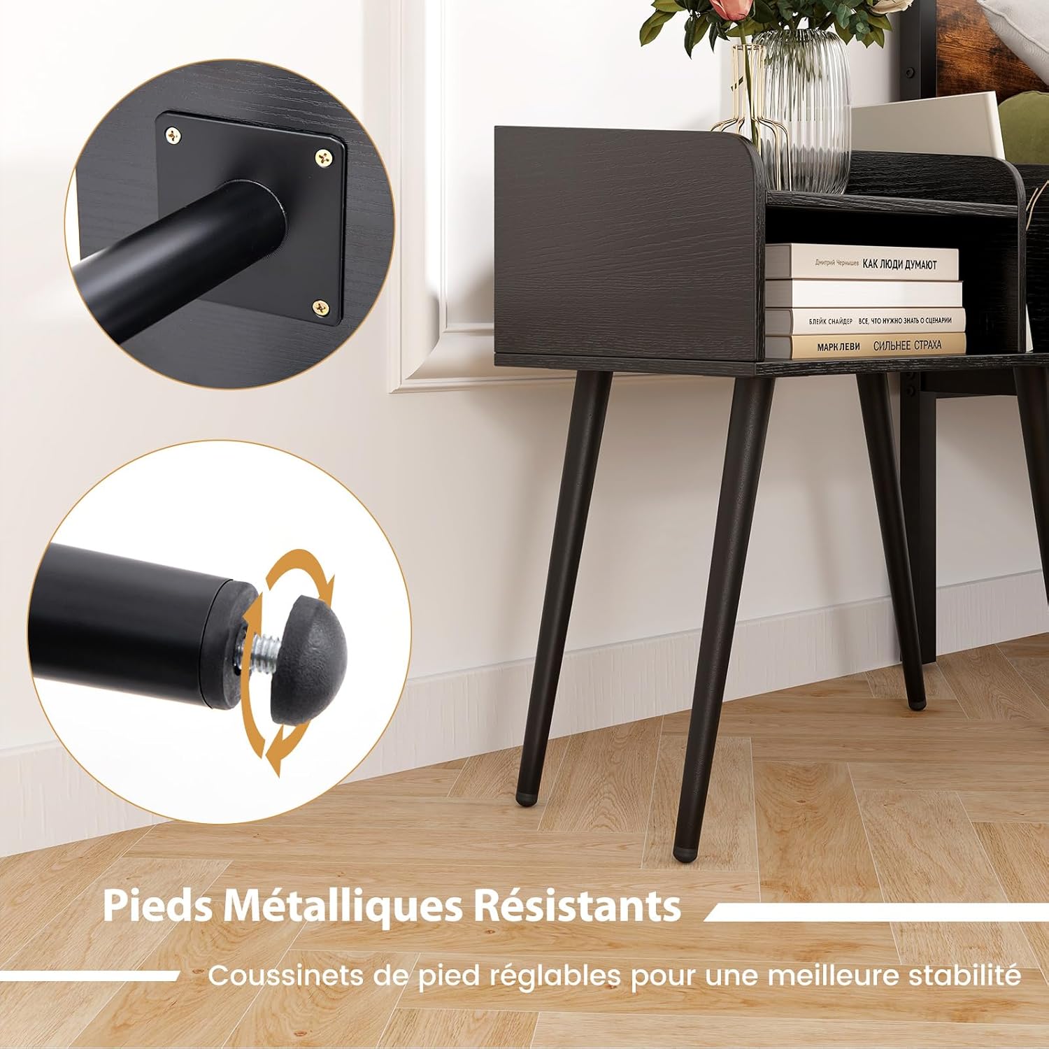 Comodino 50 x 32 x 58cm, Tavolino Moderno con Mensole Aperte, Gambe in Metallo e Poggiapiedi Regolabili, Comò Ideale per Soggiorno e Camera da - 4