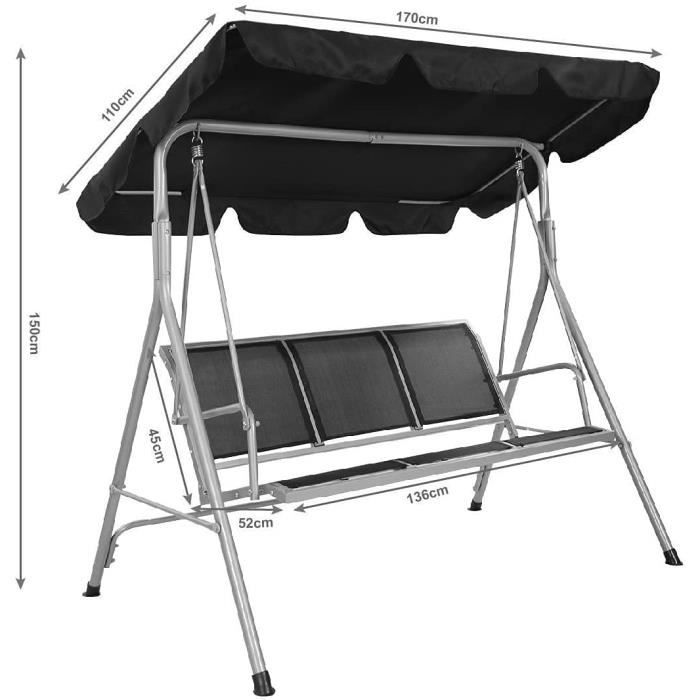 Dondolo da Giardino a 3 Posti, con Tettuccio Parasole Regolabile, Sedia a Dondolo da Giardino con Telaio in Acciaio, 173 x 119 x 152 cm (Nero) - 4