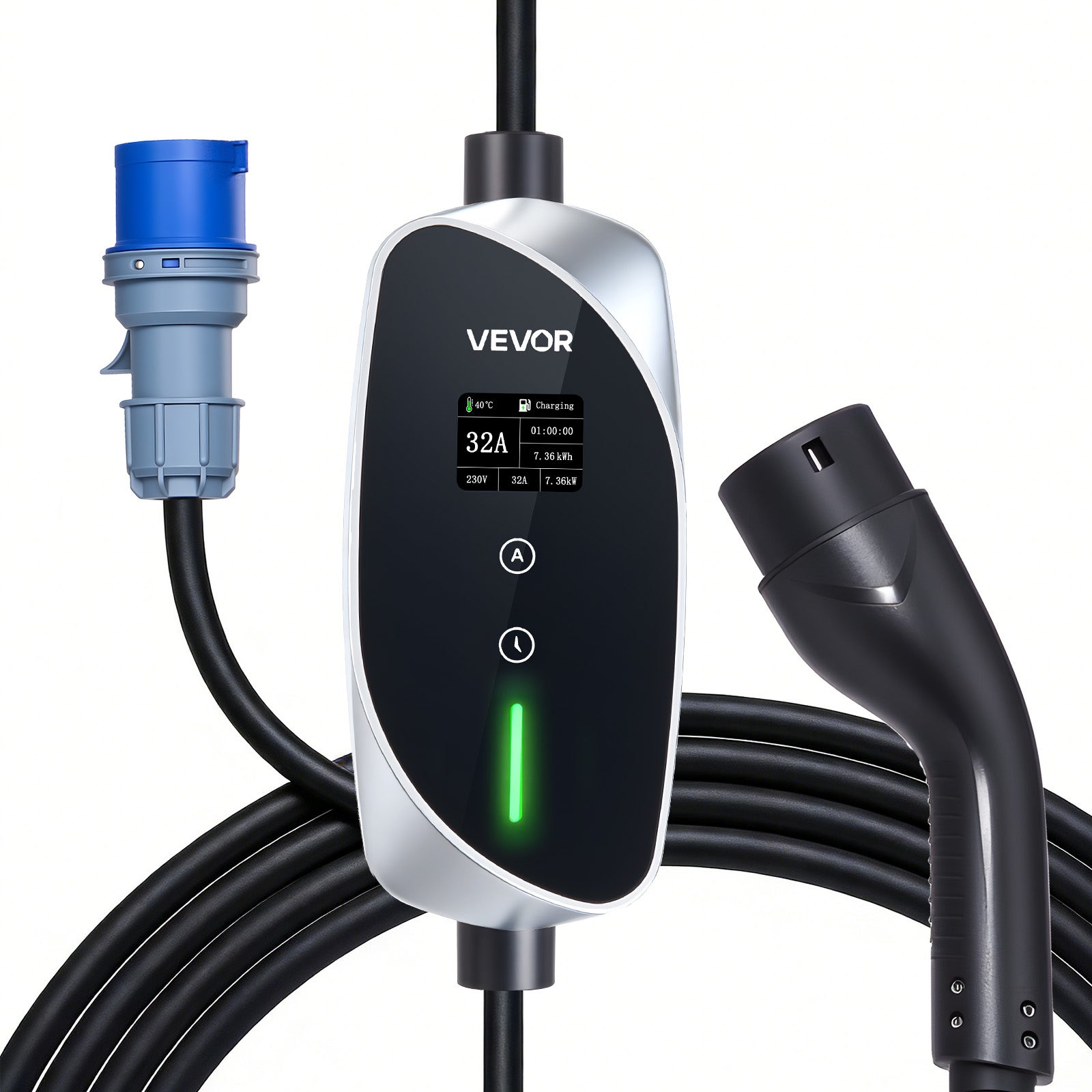 Carregador automóvel elétrico VEVOR 7,4 kW 32 A Estação móvel carregamento veículos elétricos, cabo carregamento tipo 2 6 m, ficha CEE monofásica 32 A - 9