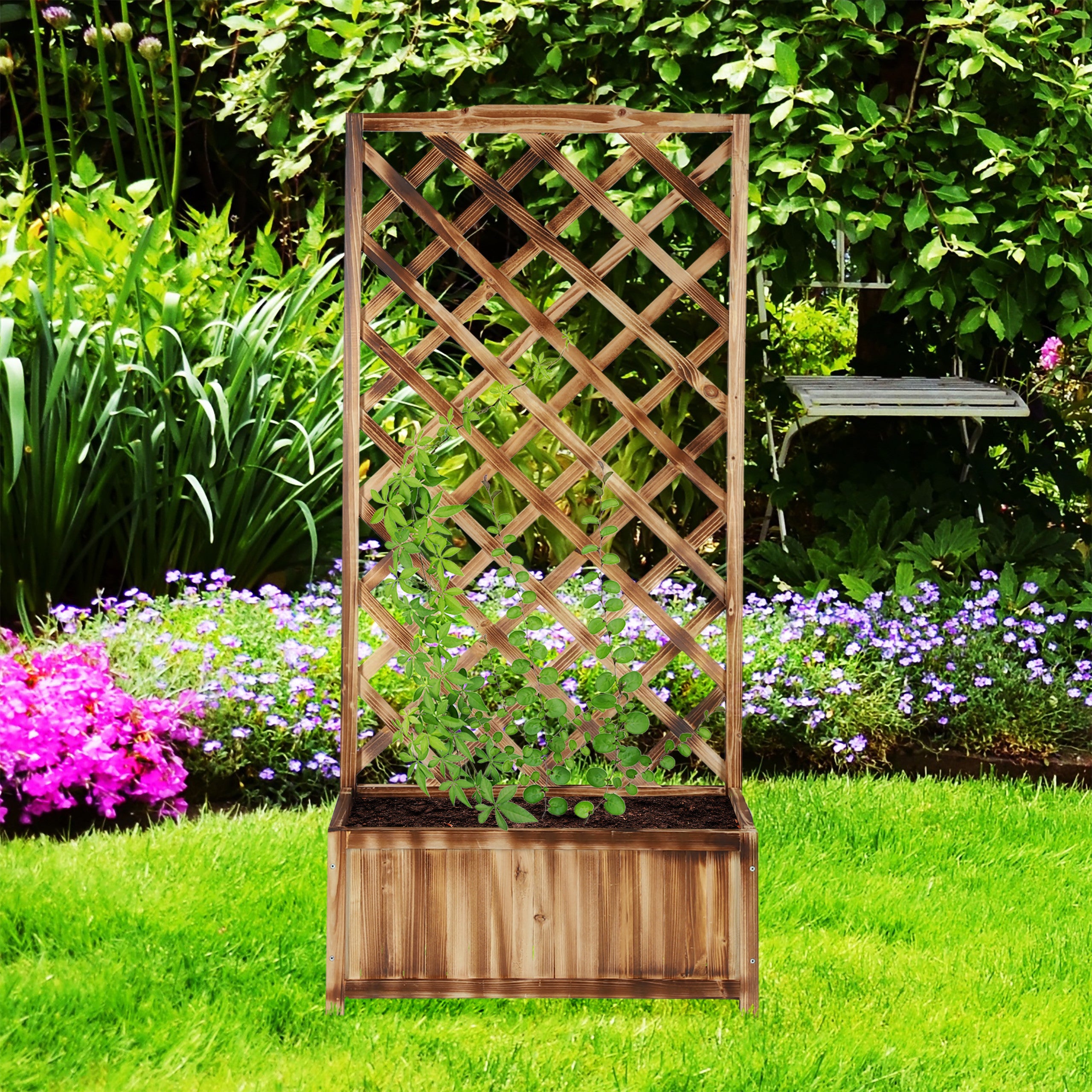 Jardinière avec treillis espalier Tuteur plantes grimpantes bac à fleurs en bois lierre rose 25L, 147 cm, Relaxdays - 2