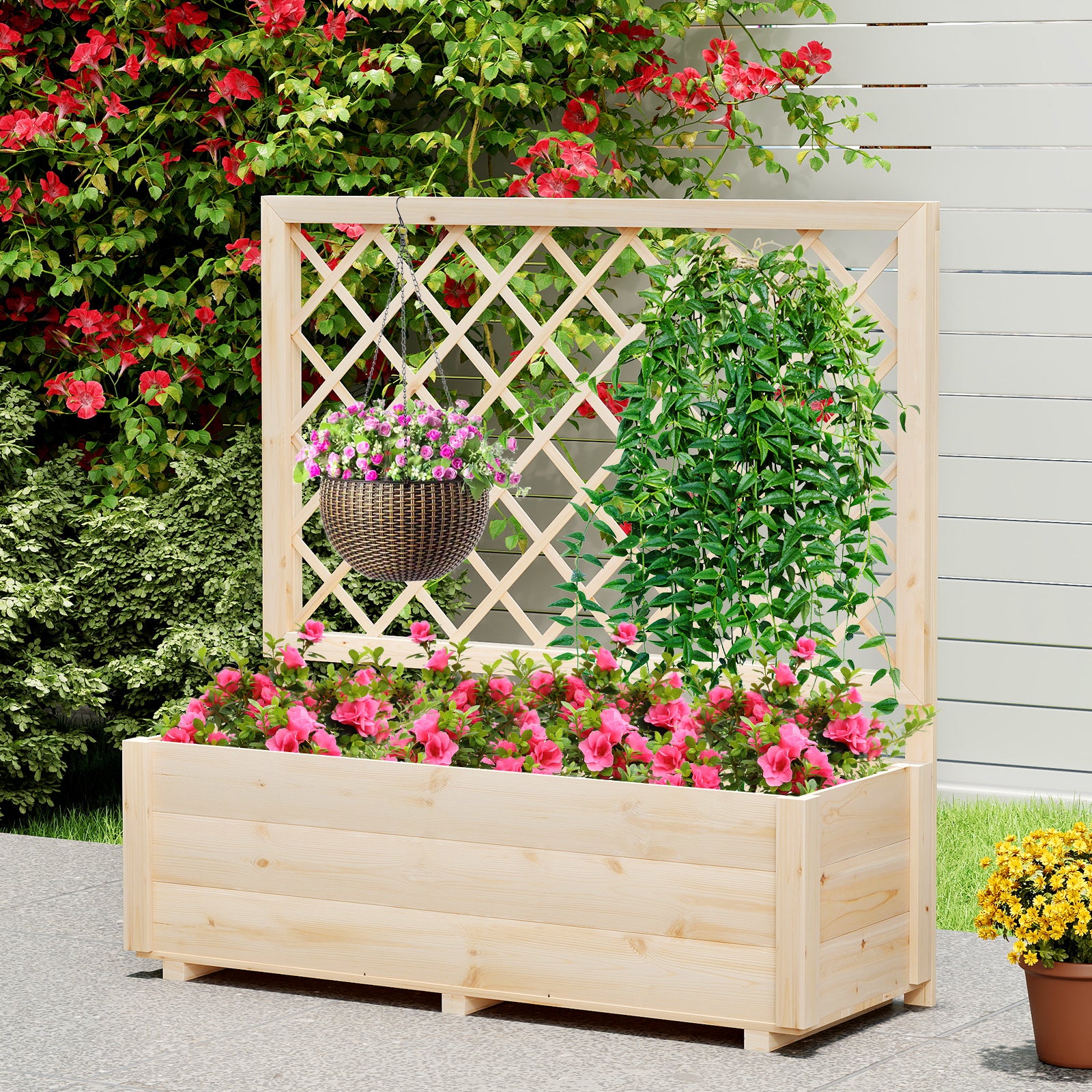 Jardinière Surélevée avec Treillis, Drainage, en Bois Massif pour Plantes Grimpantes, Fleurs, Herbes, Légumes, Fruits, 98 x 35 x 101 cm - 8