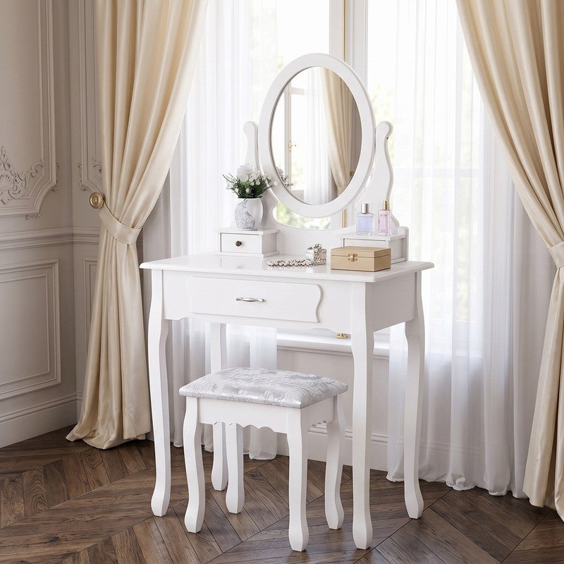 Coiffeuse Blanche avec Miroir Rotatif, Tabouret et 3 Tiroirs, Adaptée à la Chambre, 75*40*136cm, Bureau Cosmétique - 4