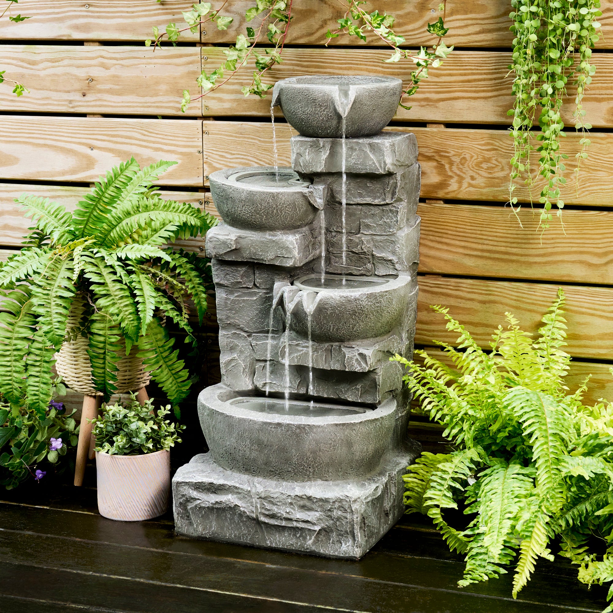 Fontaine de jardin pierre 84.5cm cascade décorative, Gris TEAMSON HOME - 4