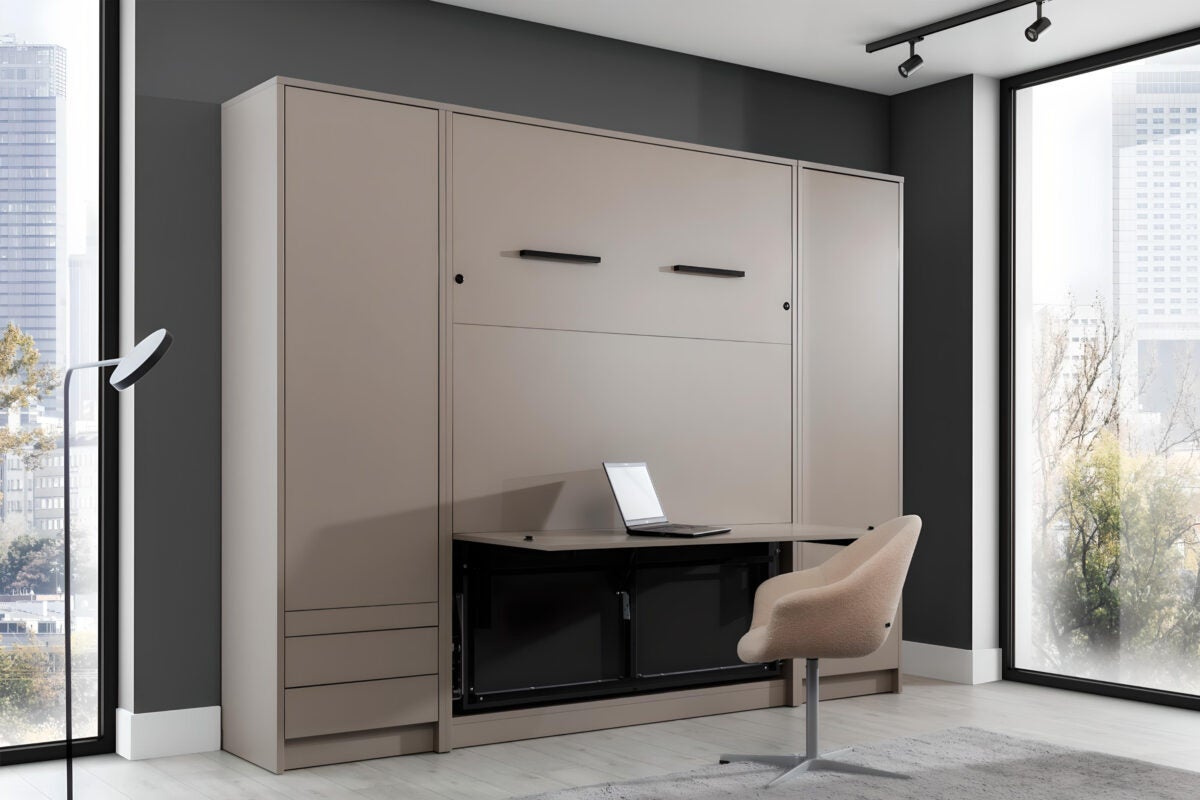 Lit escamotable vertical avec bureau 140 x 200 cm avec 2 armoires et 1 table de chevet ouverture pneumatique - taupe mat - LOLITA - 3