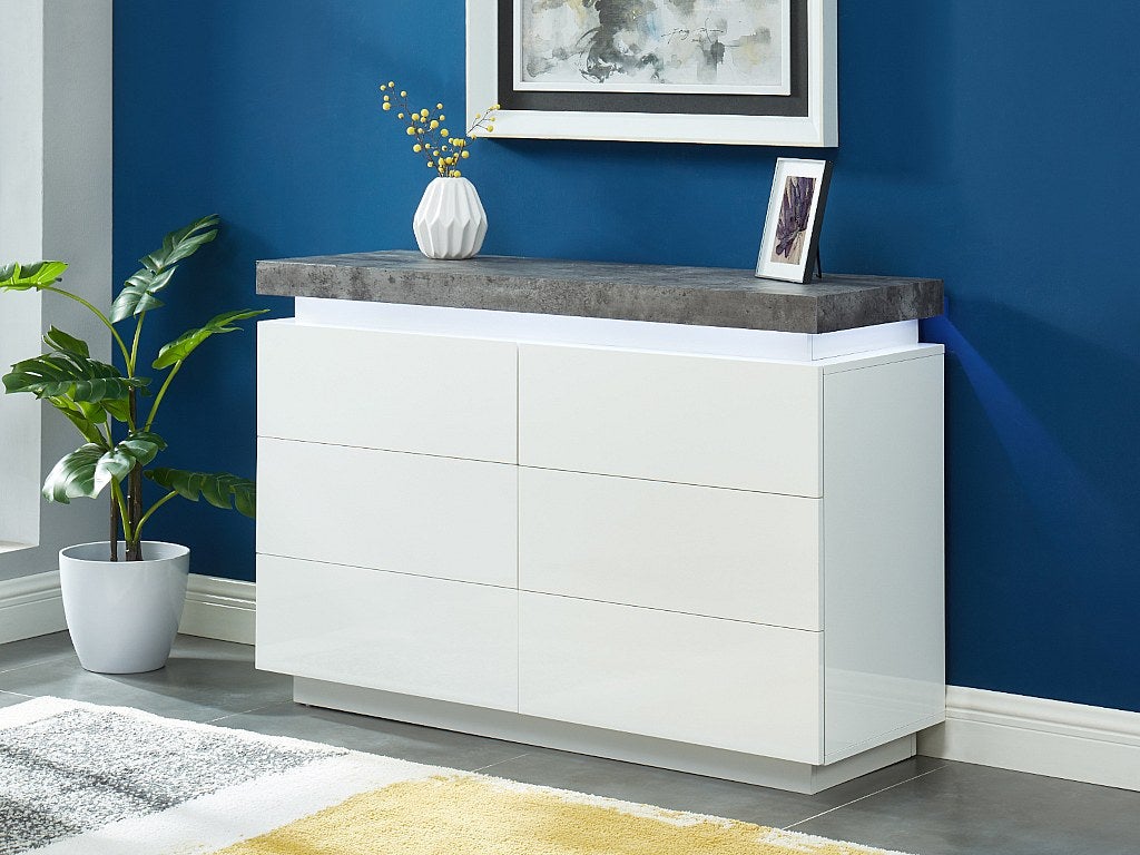 Komoda HALO II – 6 szuflad – lakierowany MDF – z oświetleniem LED – kolor: biały i szary.