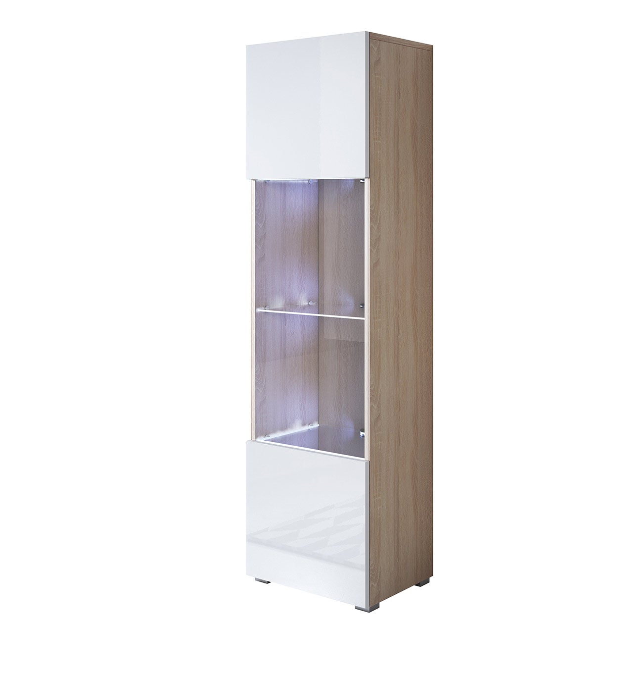 Vitrina con Patas 2cm | Armario | Mueble de Salón | Vitrina de pared | LED | 1 puerta | 40x167x29cm | Modelo Luke V6 | Sonoma mate y Blanco brillo - 5