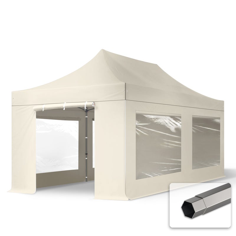 3x6 m Namiot Ekspresowy, PREMIUM Stal 40mm, ze ścianami bocznymi, okna panoramiczne, kremowy