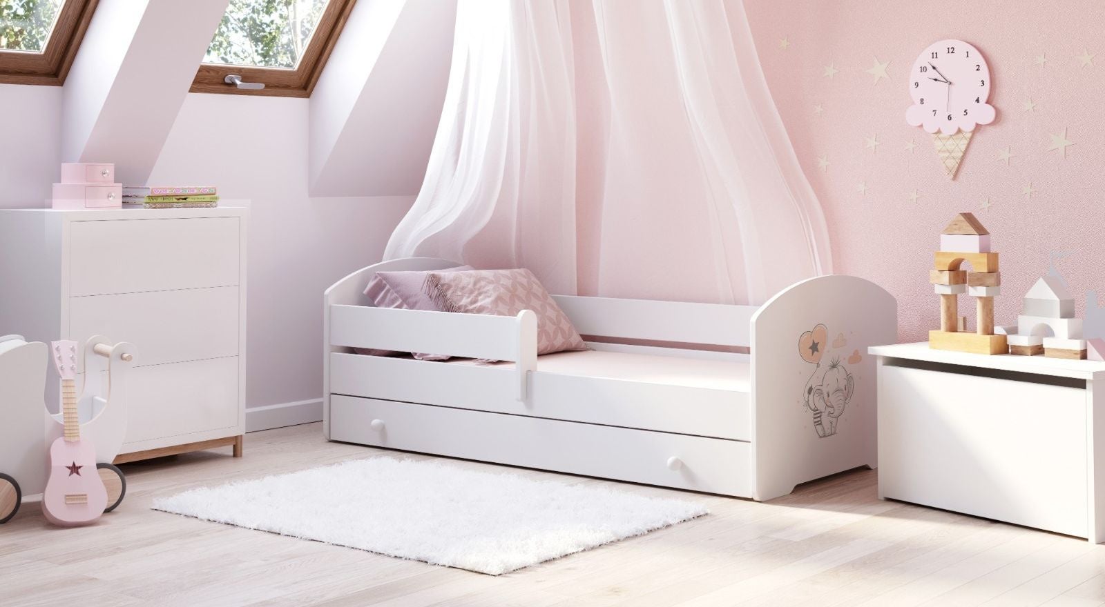 Białe Łóżko Dziecięce w Stylu Skandynawskim z Motywem Słonia 160x80 cm z Szufladą – Zawiera Materac Piankowy, Stelaż i Kompletna Konstrukcja