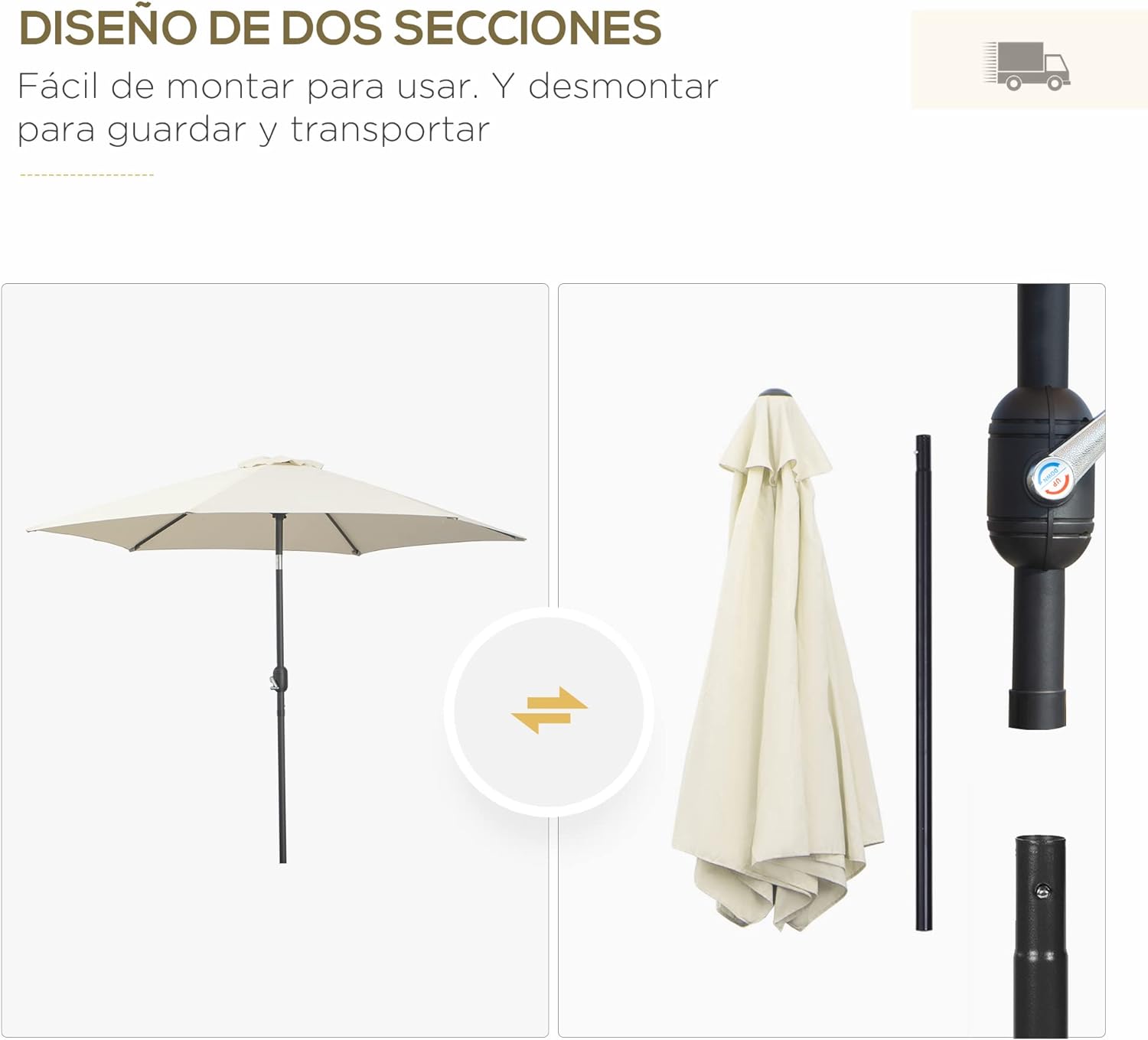 Guarda-sol reclinável para jardim, pátio, praia, piscina, com manivela alumínio, protetor UV, 2,7x2,35m White - 5