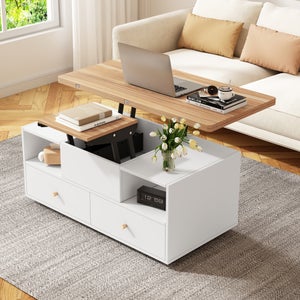 Mesa De Centro Elevable Con Ruedas - 4 Cajones, 2 Estantes, Altura Ajustable, Color Blanco Y Madera, 100x50 Cm