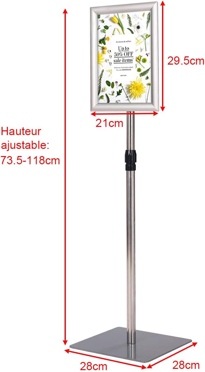 A4 Poster Stand, Espositore da Pavimento, Supporto Poster/Menù per Pubblicità da Terra, Girevole a 360 Gradi, Regolabile in Altezza (Argento A - 5