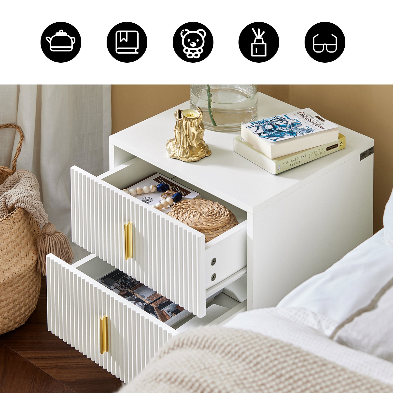 SoBuy Table de Chevet avec 2 tiroirs Table de Nuit Bout de canapé Table d'appoint Table Basse, Blanc, FBT115-W - 6