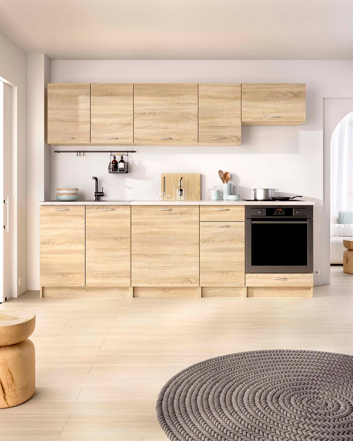 Cocina modular kirsten con módulo de horno y 240cm ancho natural y beige y madera para hogar moderno mueble de almacenaje - homekit