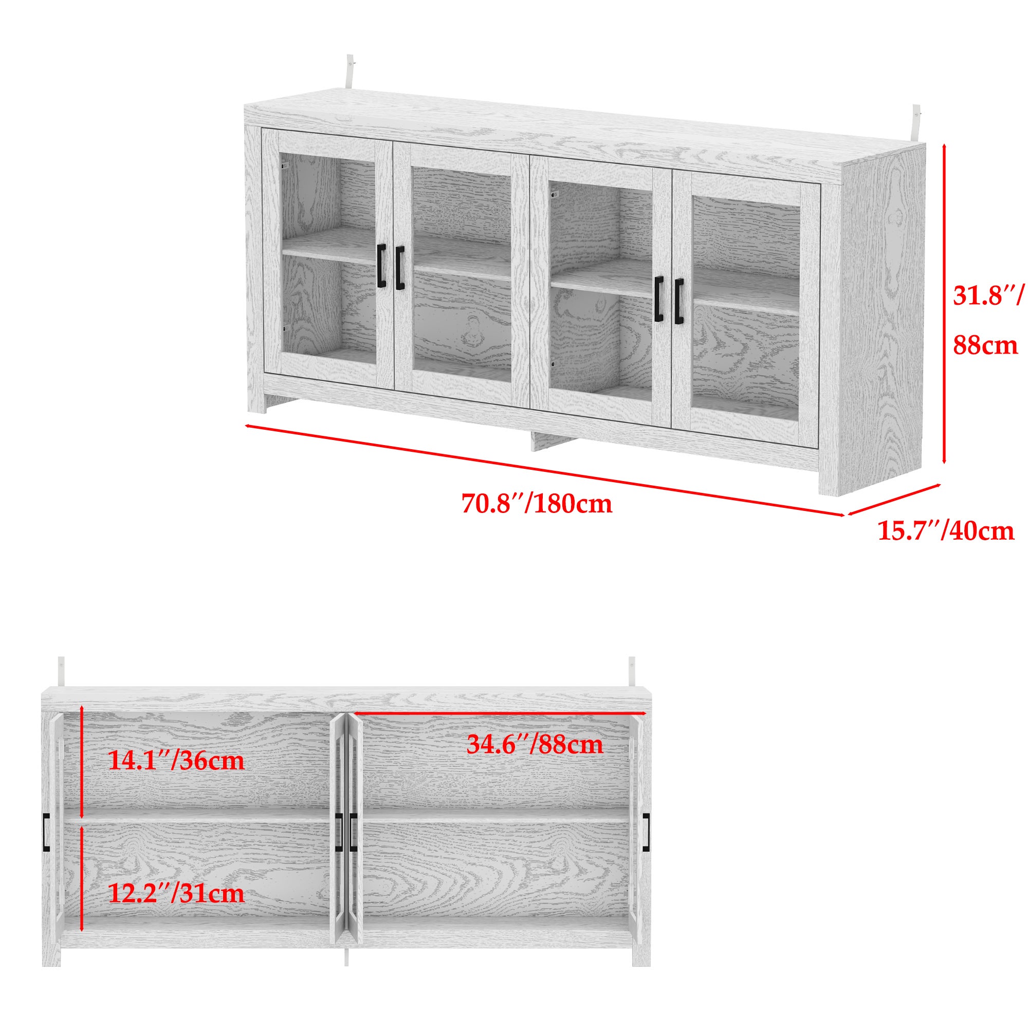 Buffet avec 4 Porte verre,Meuble de Rangement,180x40x88cm,Étagère, Style Campagnard, Blanc - 3