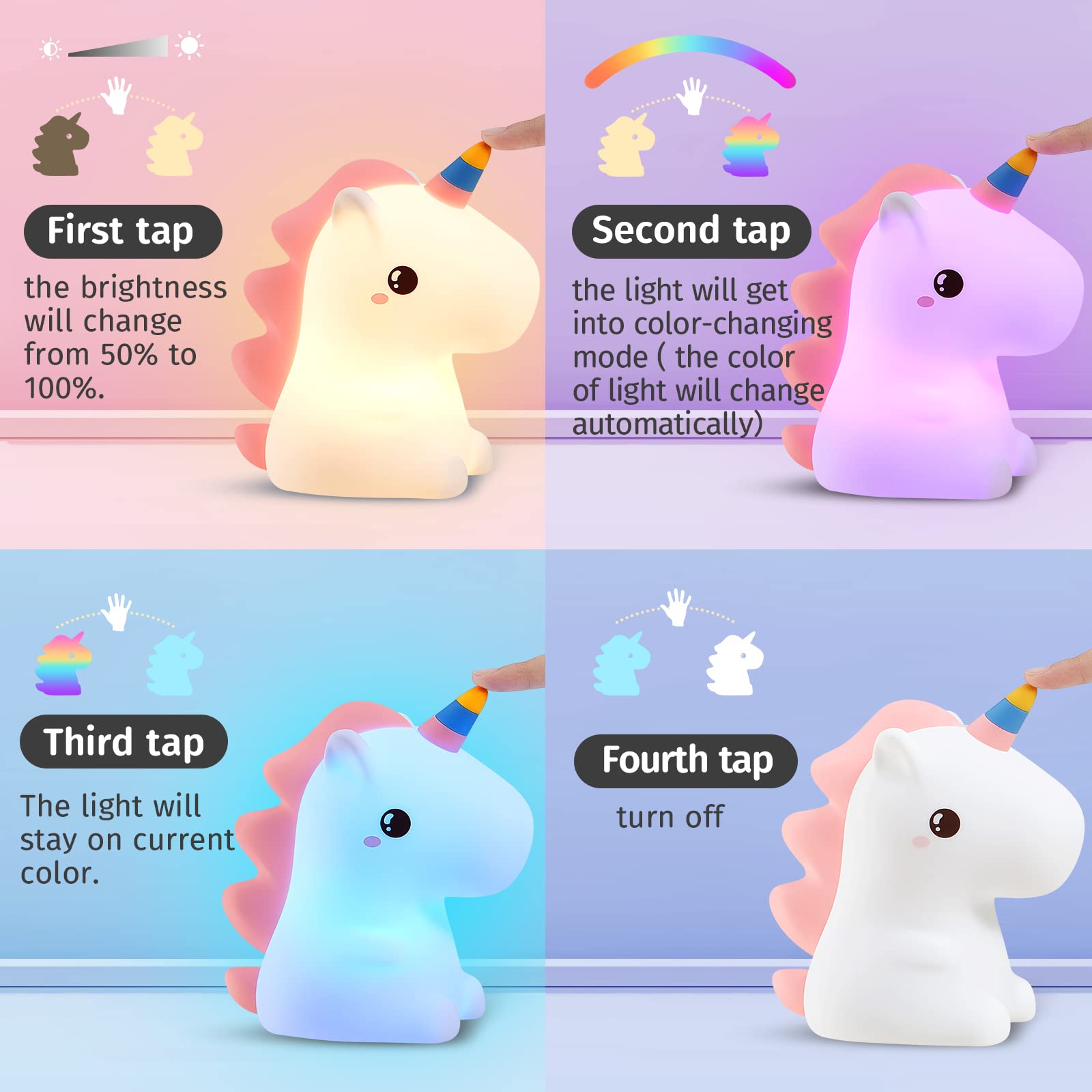 Veilleuse licorne pour enfants, 7 couleurs, veilleuse mignonne pour enfants, veilleuse rechargeable en Silicone pour chambre à coucher - 4