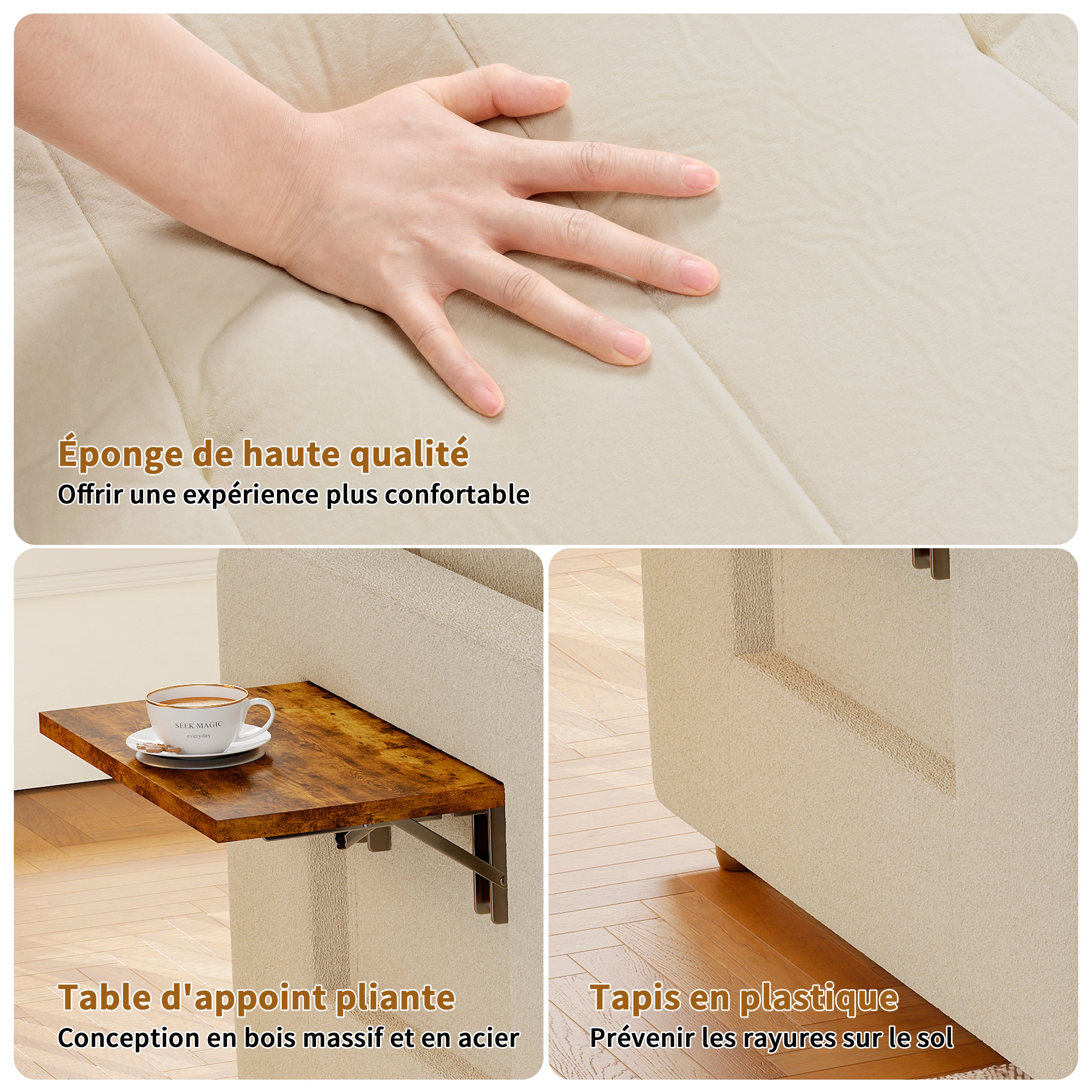 Canapé Lit Convertible 1 Place,3 en 1 Fauteuil Convertible Lit avec Table et Poches,Fauteuil Lit avec Dossier Réglable à 5 Positions,Beige(Chenille) - 6