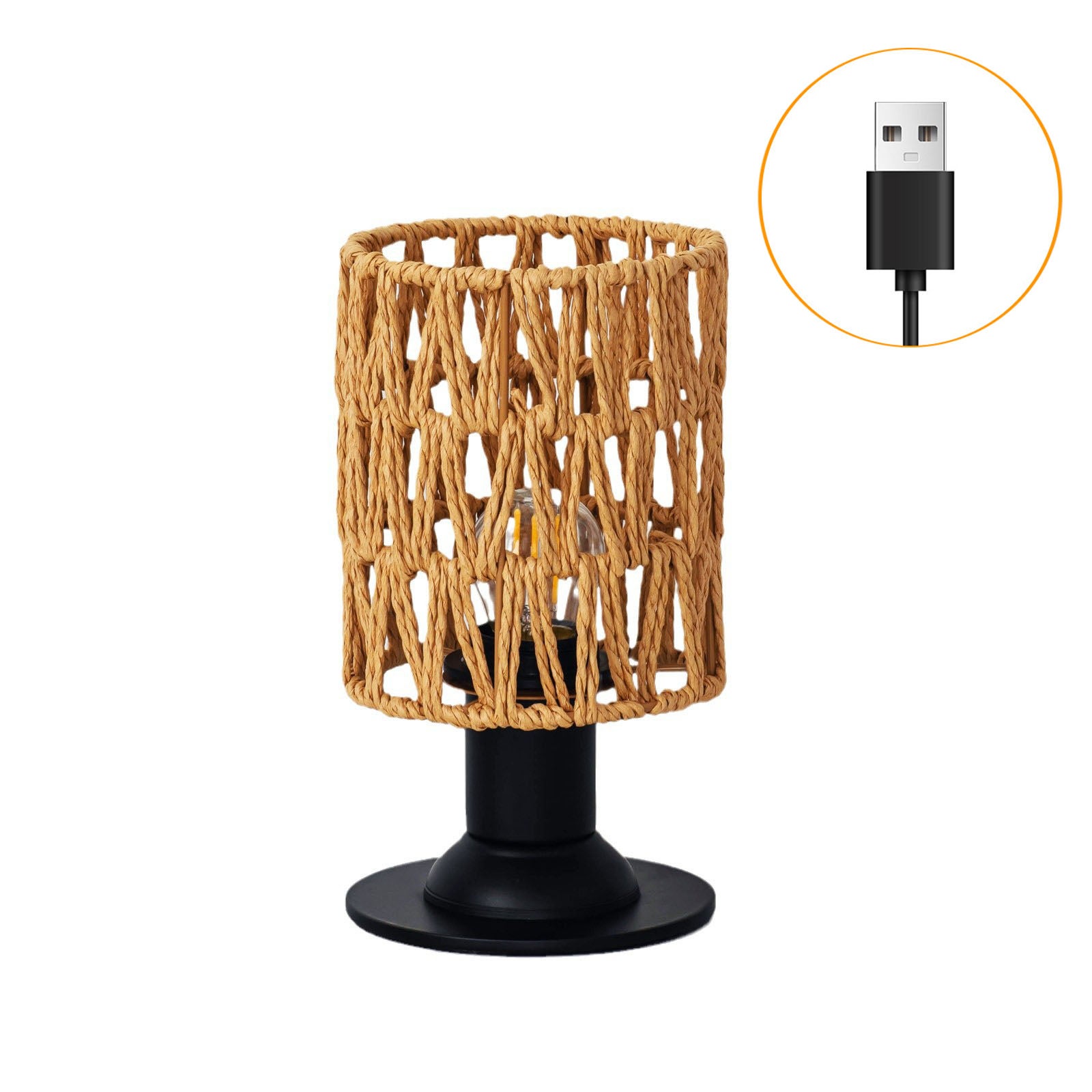 Lampa stołowa USB z plecionego sznurka konopnego (żarówka w zestawie), ściemniacz, do użytku zewnętrznego, na taras, do domu