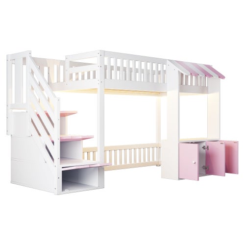 Lit superposé Enfant 90X200 avec armoire et LED, Lit mezzanine avec escalier de rangement et sommier à lattes, Rose(Sans Matelas) - 8